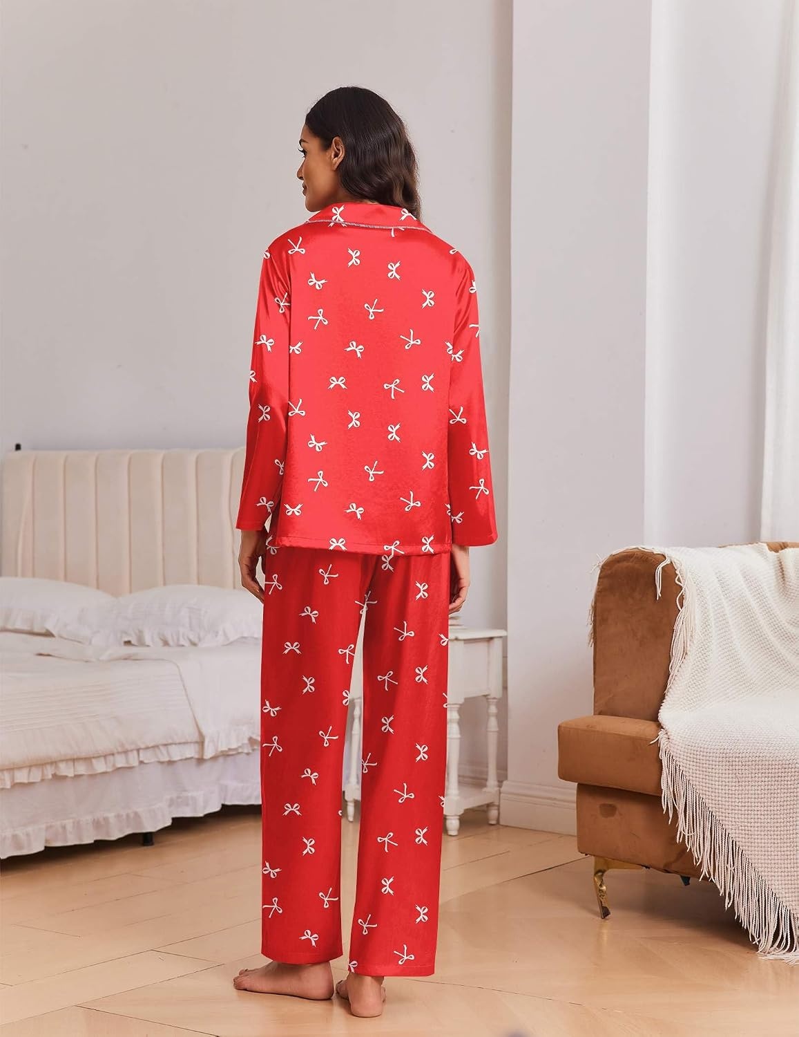 image:imageEkouaer Womens Christmas Pajamas Silk Satin Pjs 2 Piece Striped LoungewearChristmas Red Bow