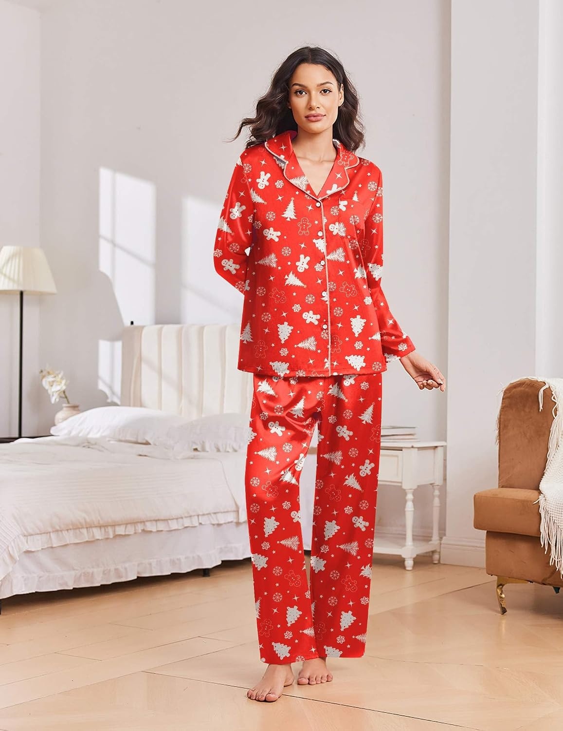 image:imageEkouaer Womens Christmas Pajamas Silk Satin Pjs 2 Piece Striped LoungewearChristmas Red Tree