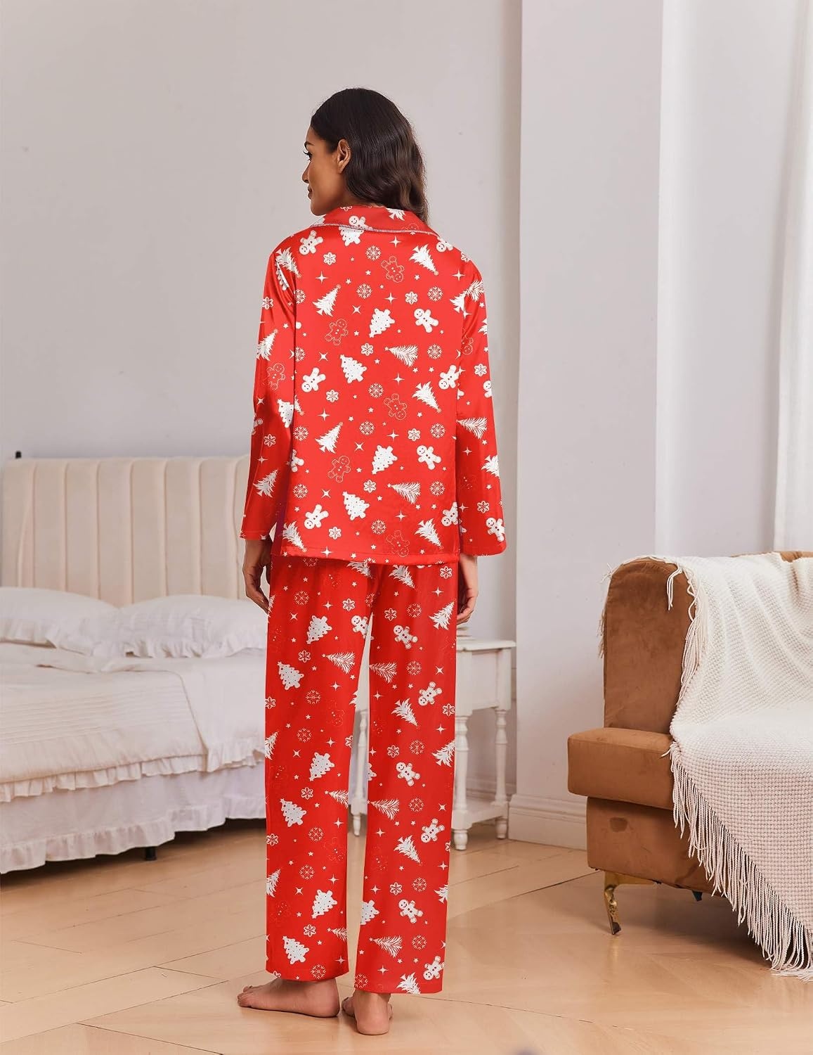 image:imageEkouaer Womens Christmas Pajamas Silk Satin Pjs 2 Piece Striped LoungewearChristmas Red Tree