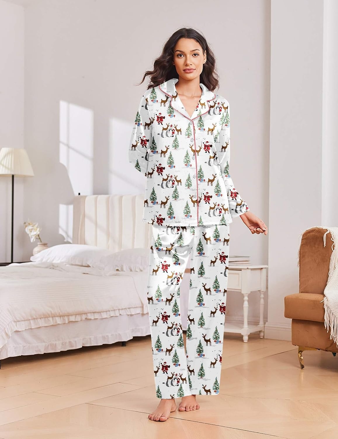 image:imageEkouaer Womens Christmas Pajamas Silk Satin Pjs 2 Piece Striped LoungewearChristmas White Santa Claus