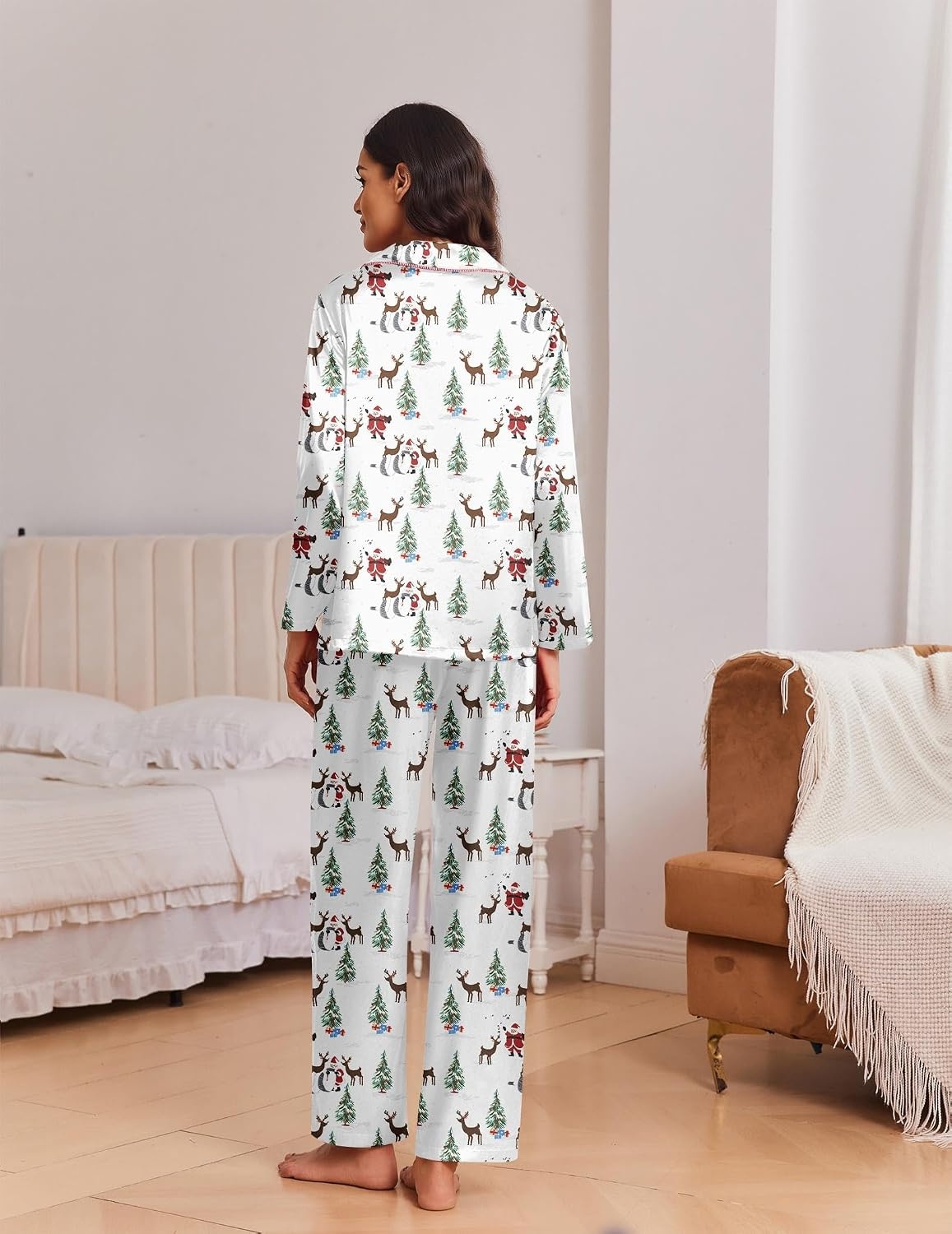 image:imageEkouaer Womens Christmas Pajamas Silk Satin Pjs 2 Piece Striped LoungewearChristmas White Santa Claus