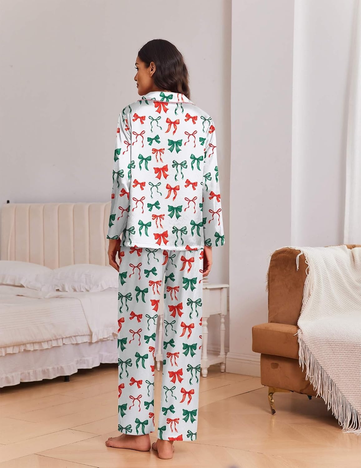 image:imageEkouaer Womens Christmas Pajamas Silk Satin Pjs 2 Piece Striped LoungewearColorful Bow