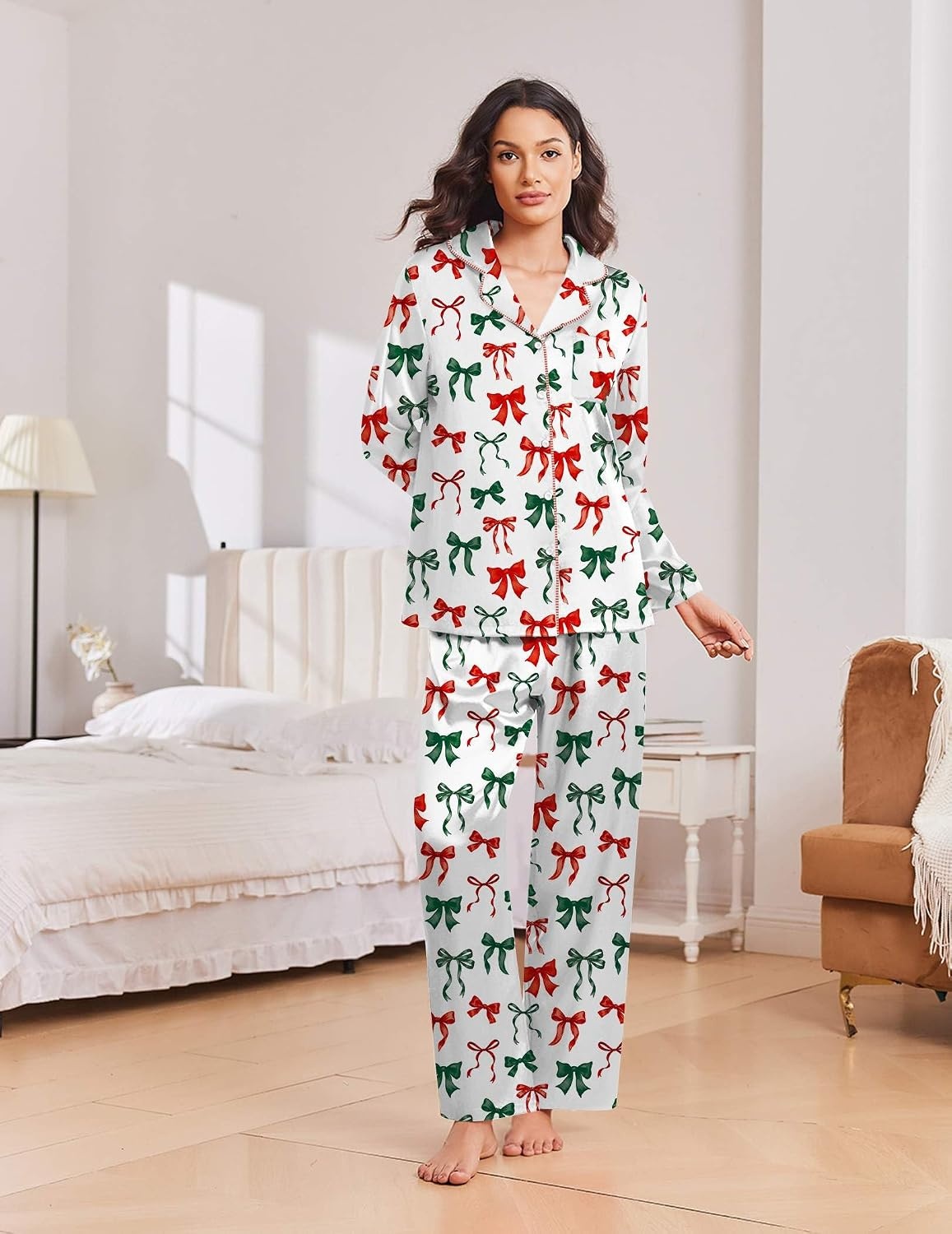 image:imageEkouaer Womens Christmas Pajamas Silk Satin Pjs 2 Piece Striped LoungewearColorful Bow