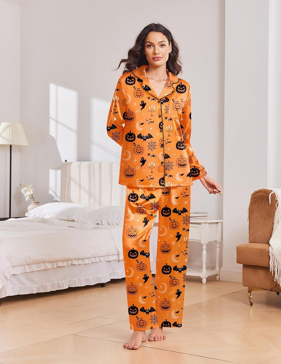 image:imageEkouaer Womens Christmas Pajamas Silk Satin Pjs 2 Piece Striped LoungewearHalloween