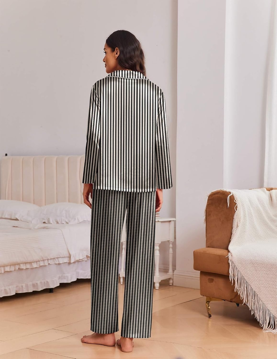 image:imageEkouaer Womens Christmas Pajamas Silk Satin Pjs 2 Piece Striped LoungewearStripe Black Champagne