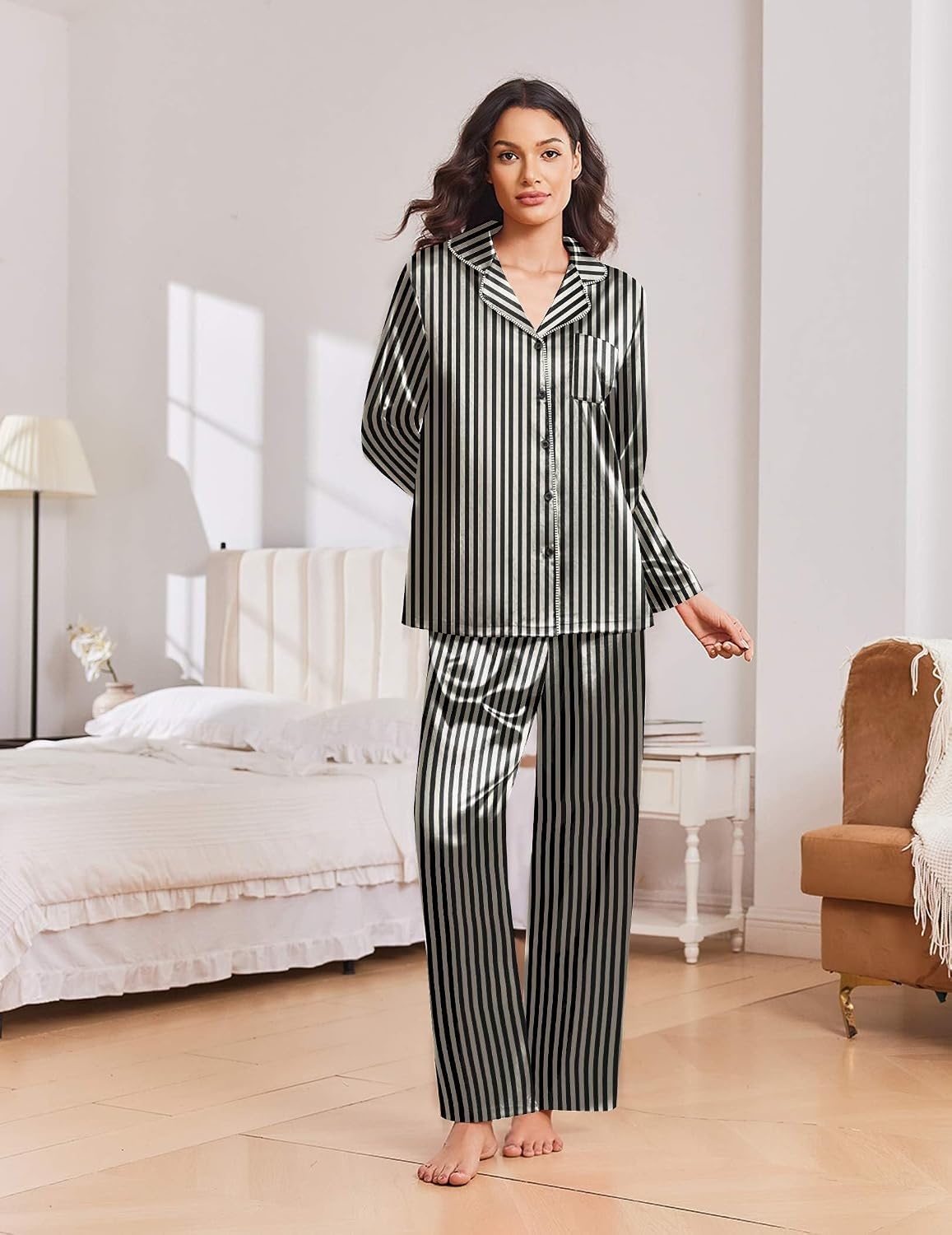 image:imageEkouaer Womens Christmas Pajamas Silk Satin Pjs 2 Piece Striped LoungewearStripe Black Champagne