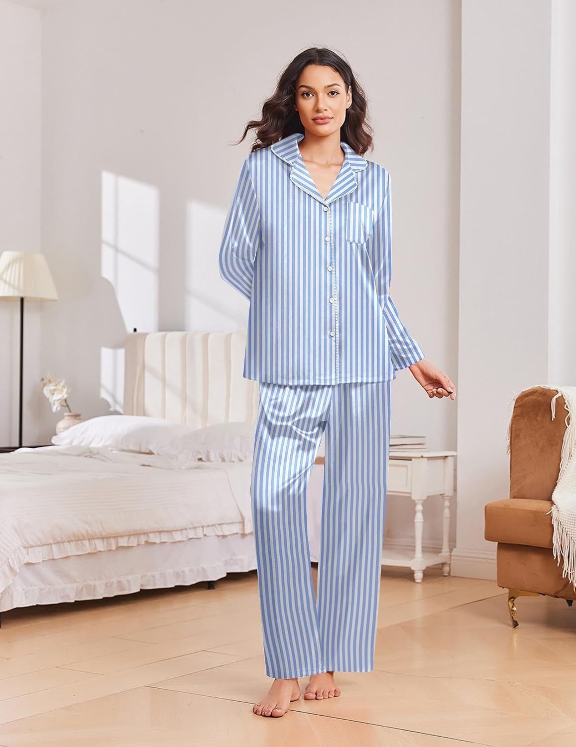 image:imageEkouaer Womens Christmas Pajamas Silk Satin Pjs 2 Piece Striped LoungewearStripe Blue