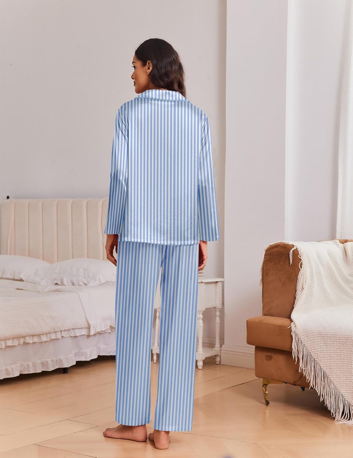 image:imageEkouaer Womens Christmas Pajamas Silk Satin Pjs 2 Piece Striped LoungewearStripe Blue