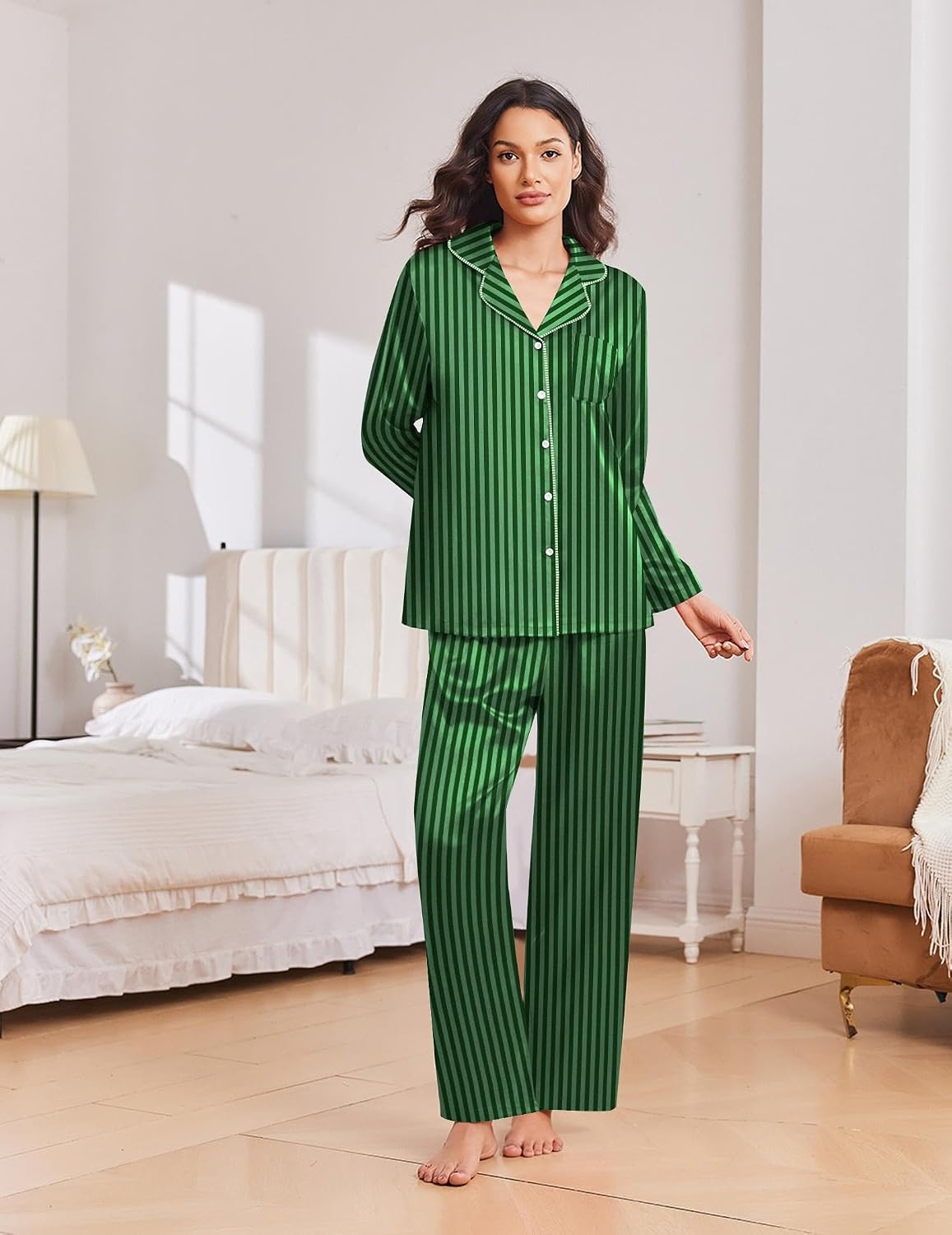 image:imageEkouaer Womens Christmas Pajamas Silk Satin Pjs 2 Piece Striped LoungewearStripe Green