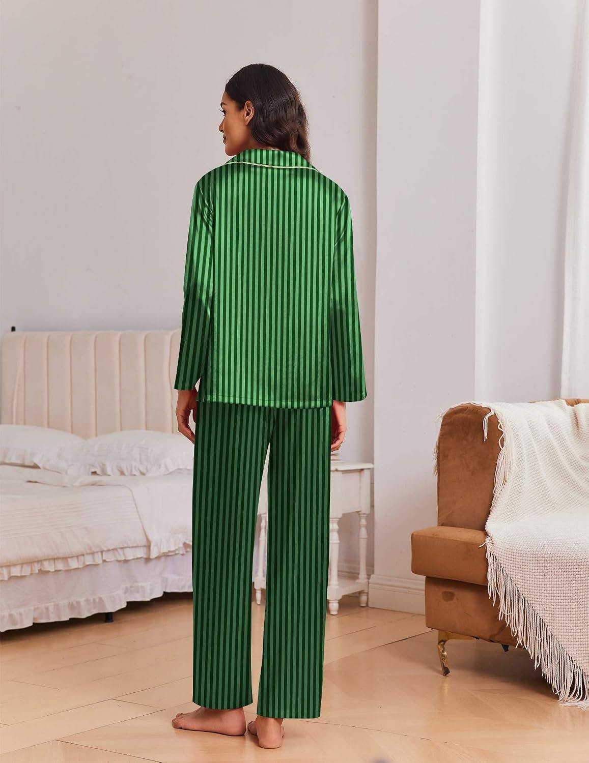image:imageEkouaer Womens Christmas Pajamas Silk Satin Pjs 2 Piece Striped LoungewearStripe Green