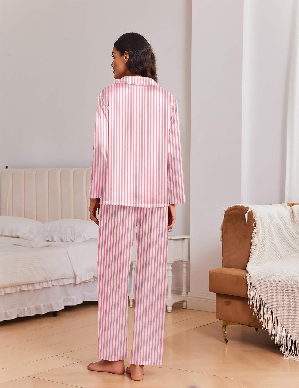 image:imageEkouaer Womens Christmas Pajamas Silk Satin Pjs 2 Piece Striped LoungewearStripe Pink White