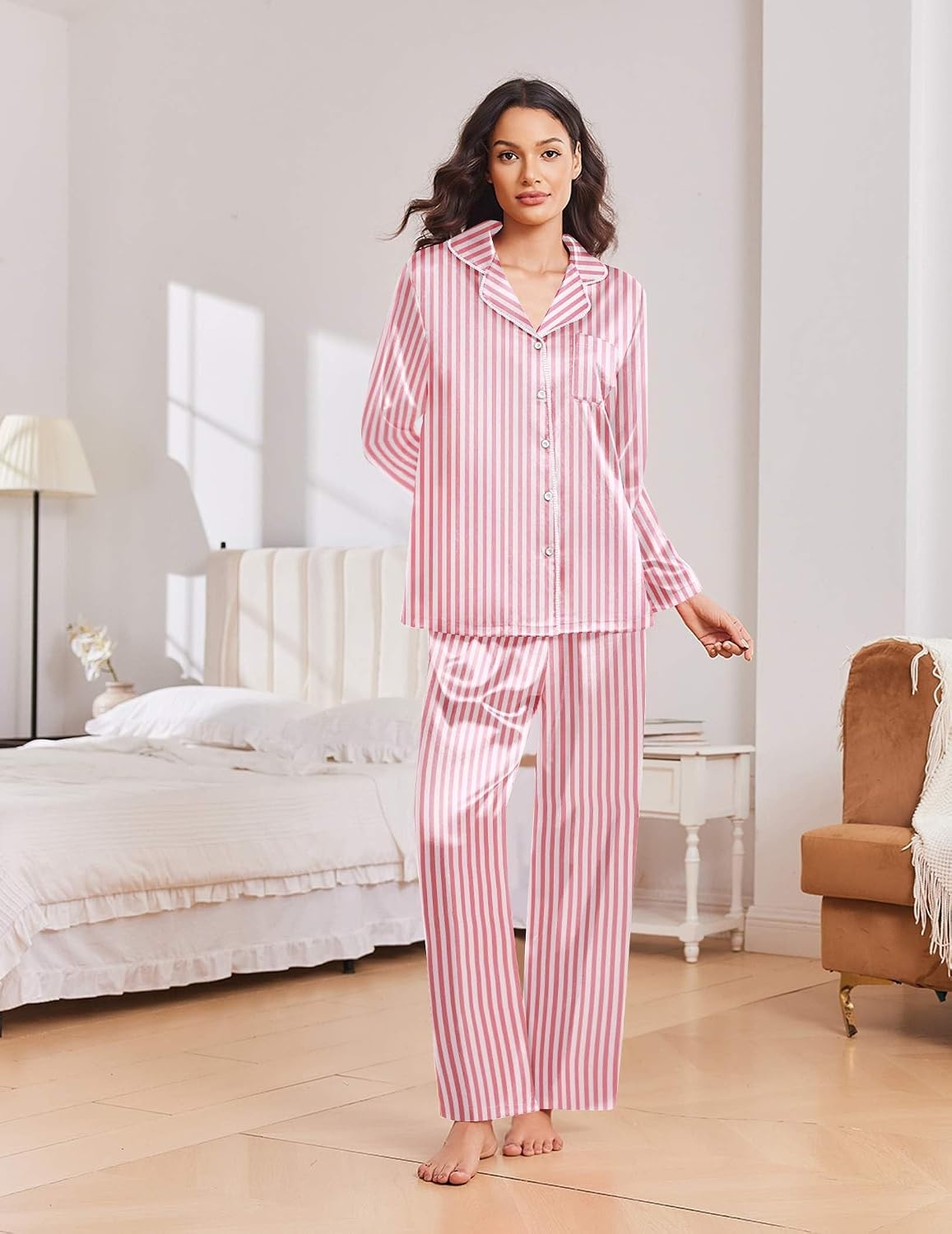 image:imageEkouaer Womens Christmas Pajamas Silk Satin Pjs 2 Piece Striped LoungewearStripe Pink White