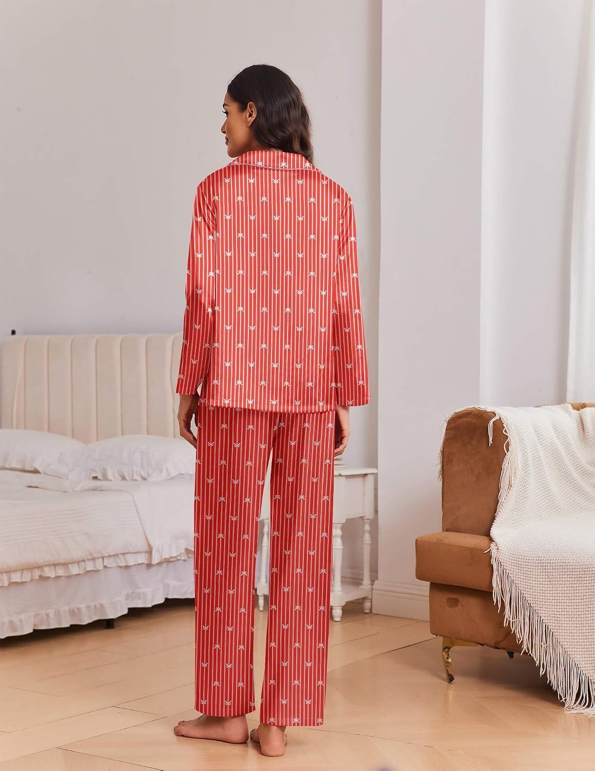 image:imageEkouaer Womens Christmas Pajamas Silk Satin Pjs 2 Piece Striped LoungewearStripe Red Bow