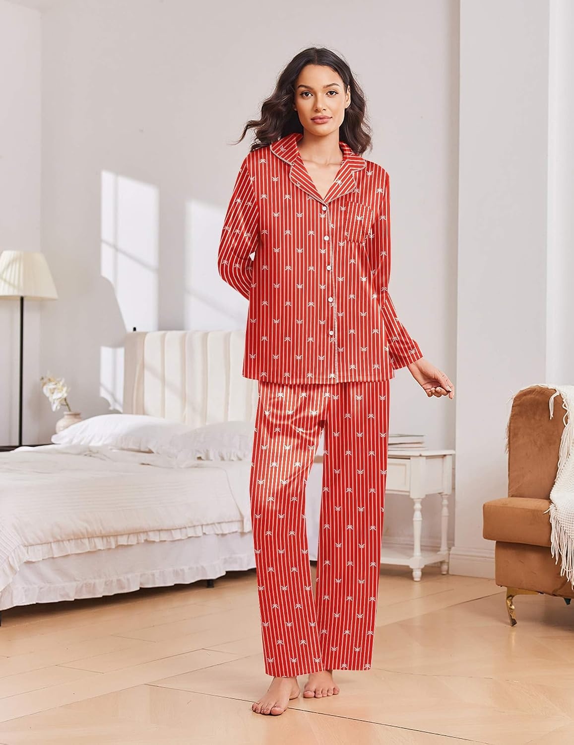 image:imageEkouaer Womens Christmas Pajamas Silk Satin Pjs 2 Piece Striped LoungewearStripe Red Bow