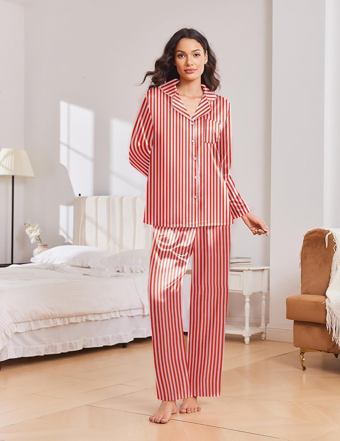 image:imageEkouaer Womens Christmas Pajamas Silk Satin Pjs 2 Piece Striped LoungewearStripe Red White