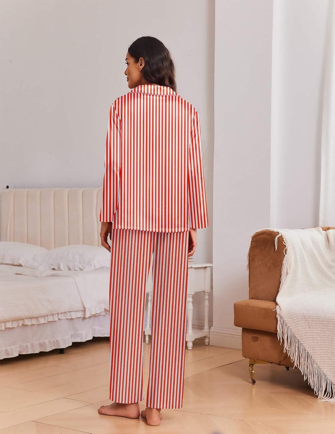 image:imageEkouaer Womens Christmas Pajamas Silk Satin Pjs 2 Piece Striped LoungewearStripe Red White