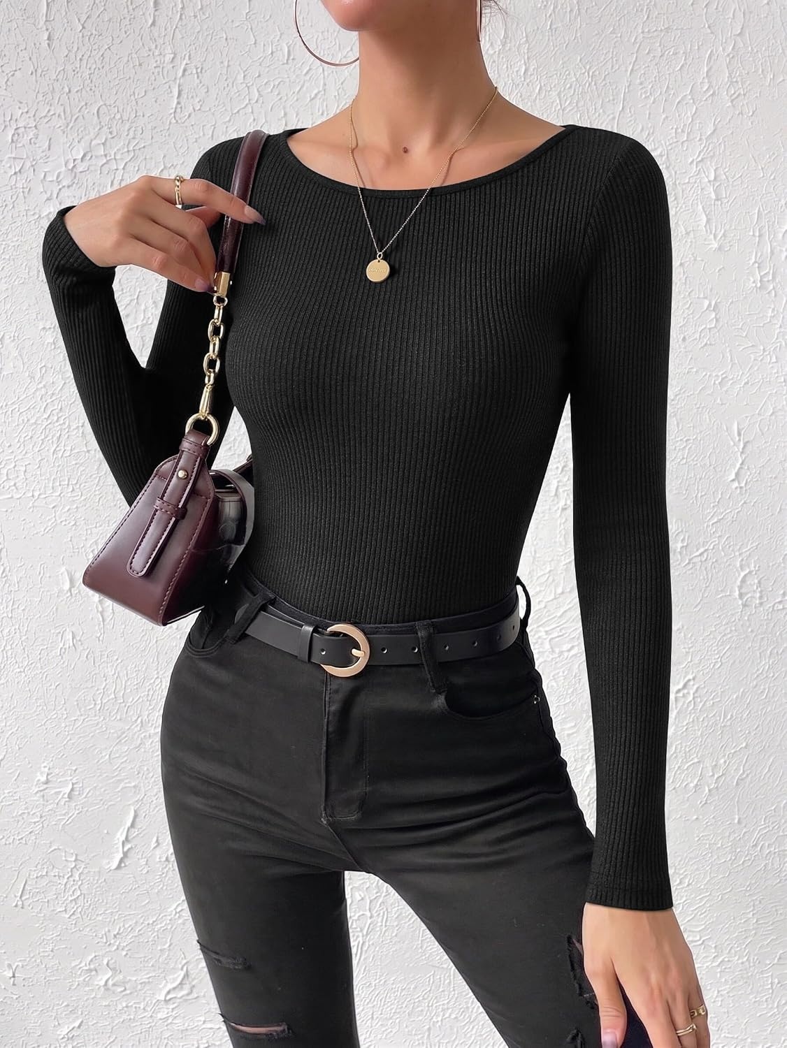 image:imageEkouaer Womens Long Sleeve Shirts Ribbed Tops Basic Thermal UndershirtsBlack