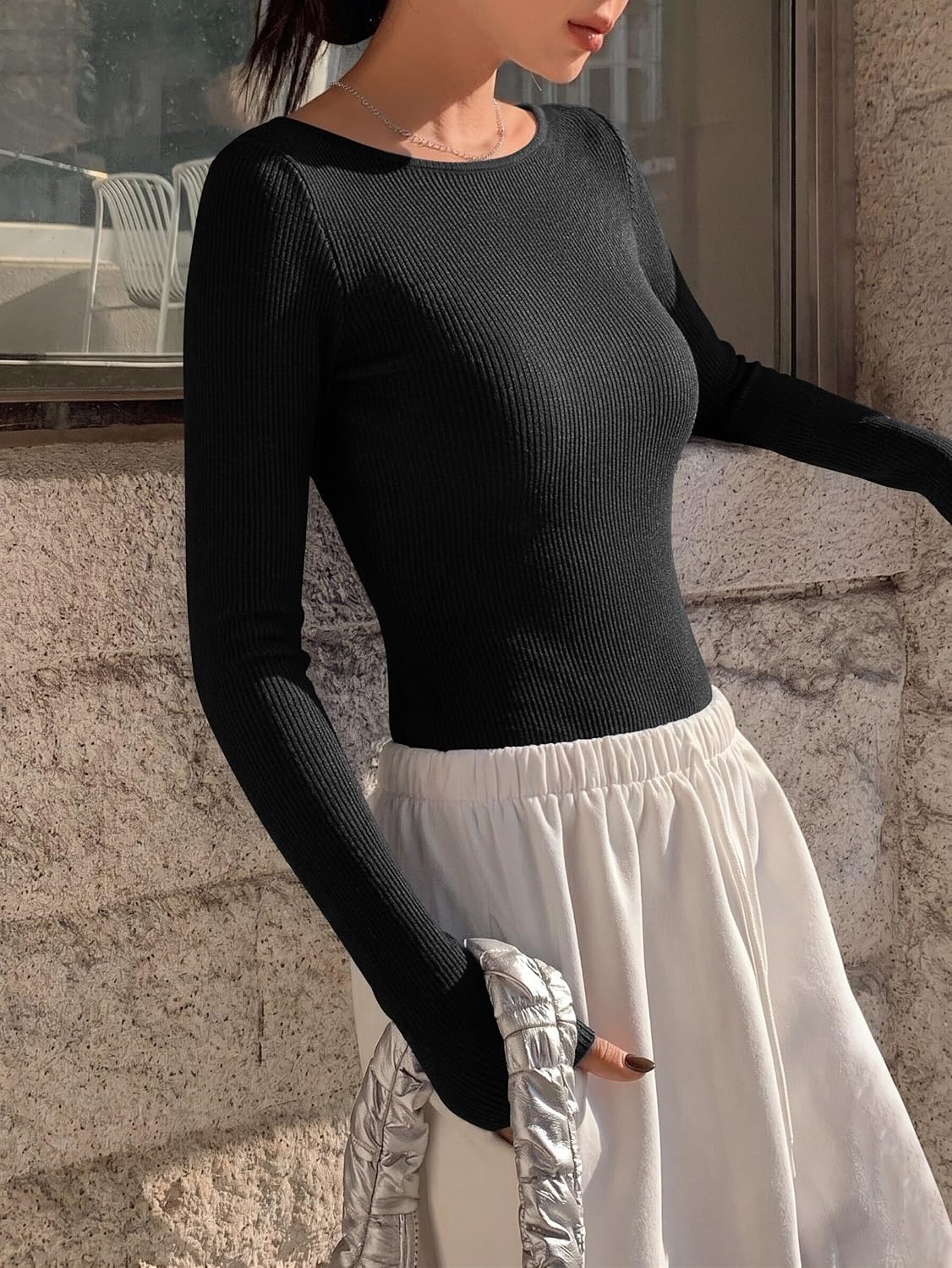 image:imageEkouaer Womens Long Sleeve Shirts Ribbed Tops Basic Thermal UndershirtsBlack
