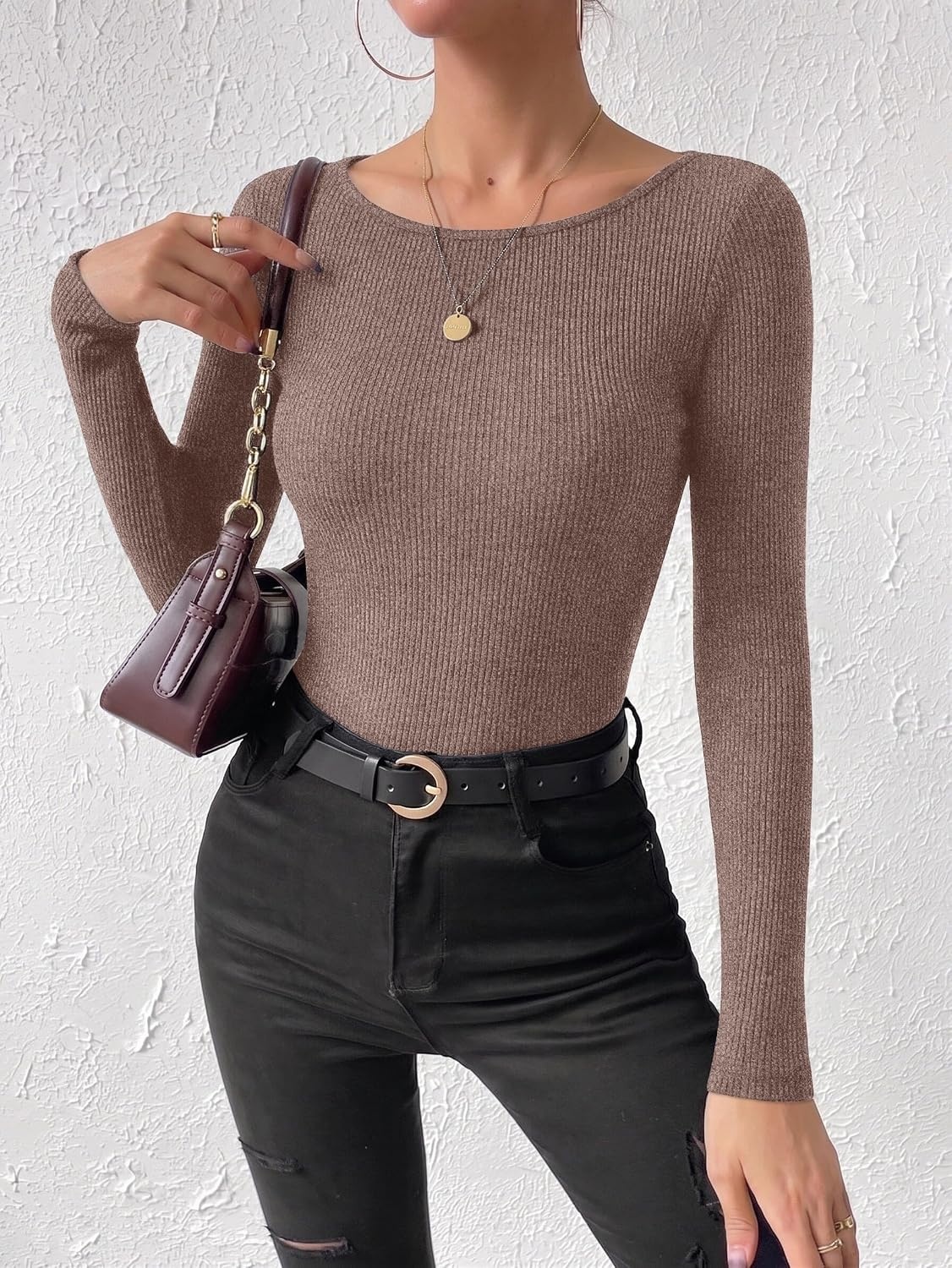 image:imageEkouaer Womens Long Sleeve Shirts Ribbed Tops Basic Thermal UndershirtsBrown