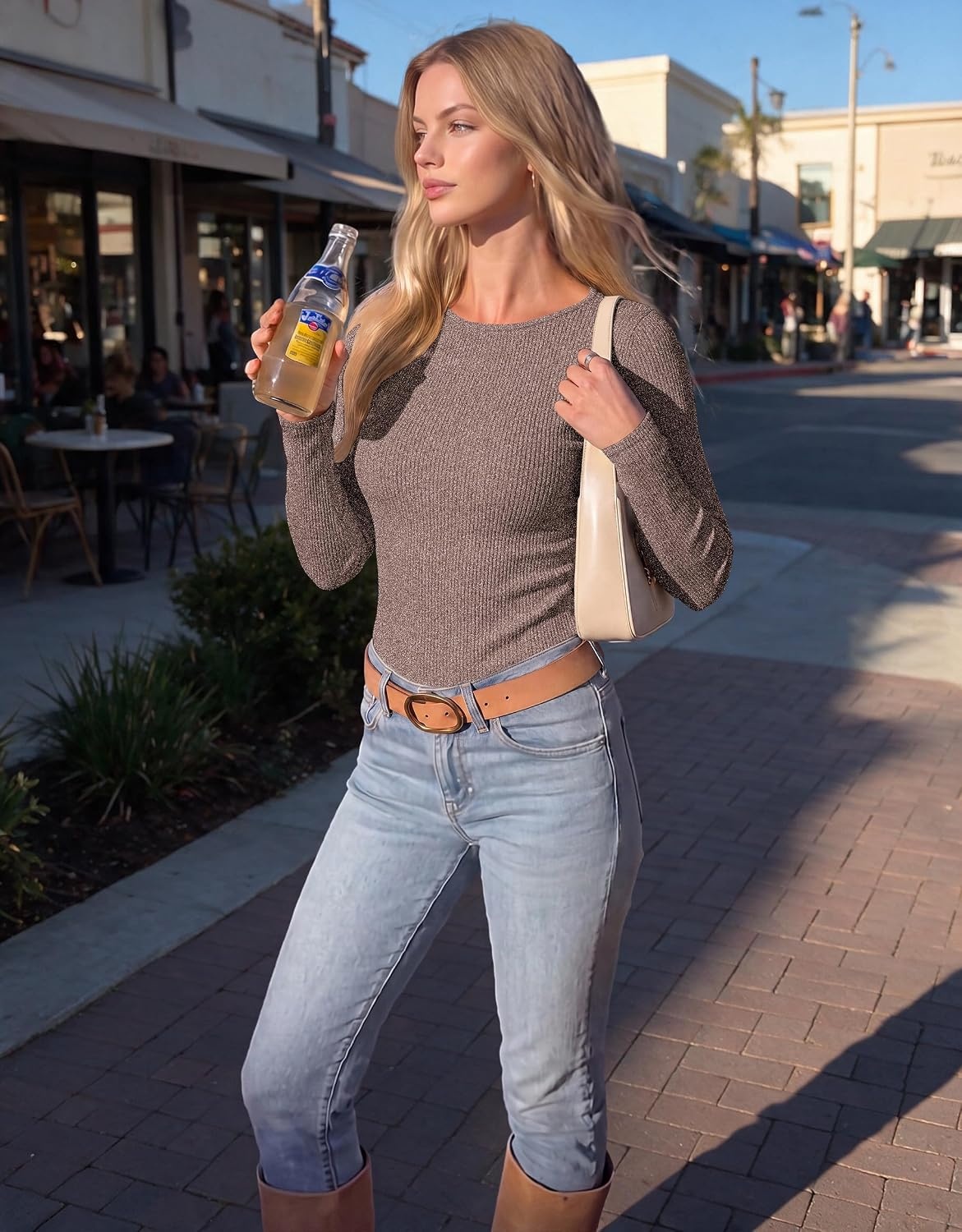 image:imageEkouaer Womens Long Sleeve Shirts Ribbed Tops Basic Thermal UndershirtsBrown