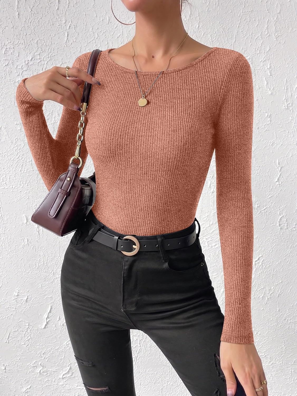 image:imageEkouaer Womens Long Sleeve Shirts Ribbed Tops Basic Thermal UndershirtsCaramel