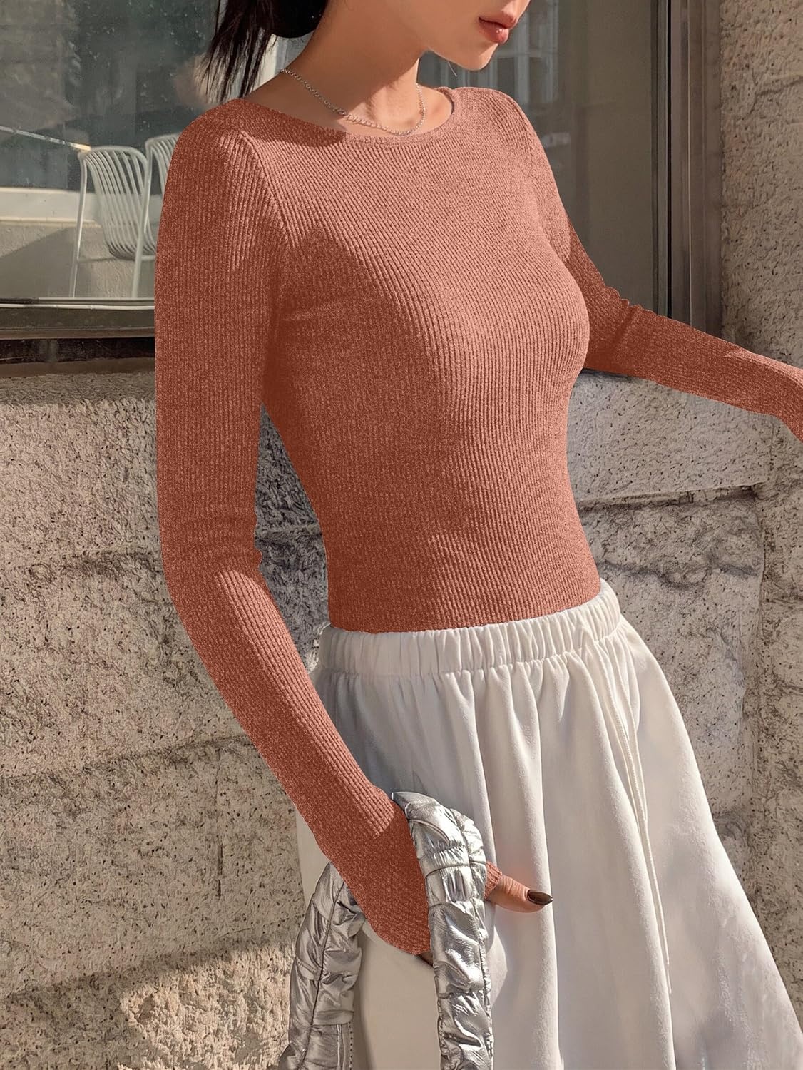 image:imageEkouaer Womens Long Sleeve Shirts Ribbed Tops Basic Thermal UndershirtsCaramel