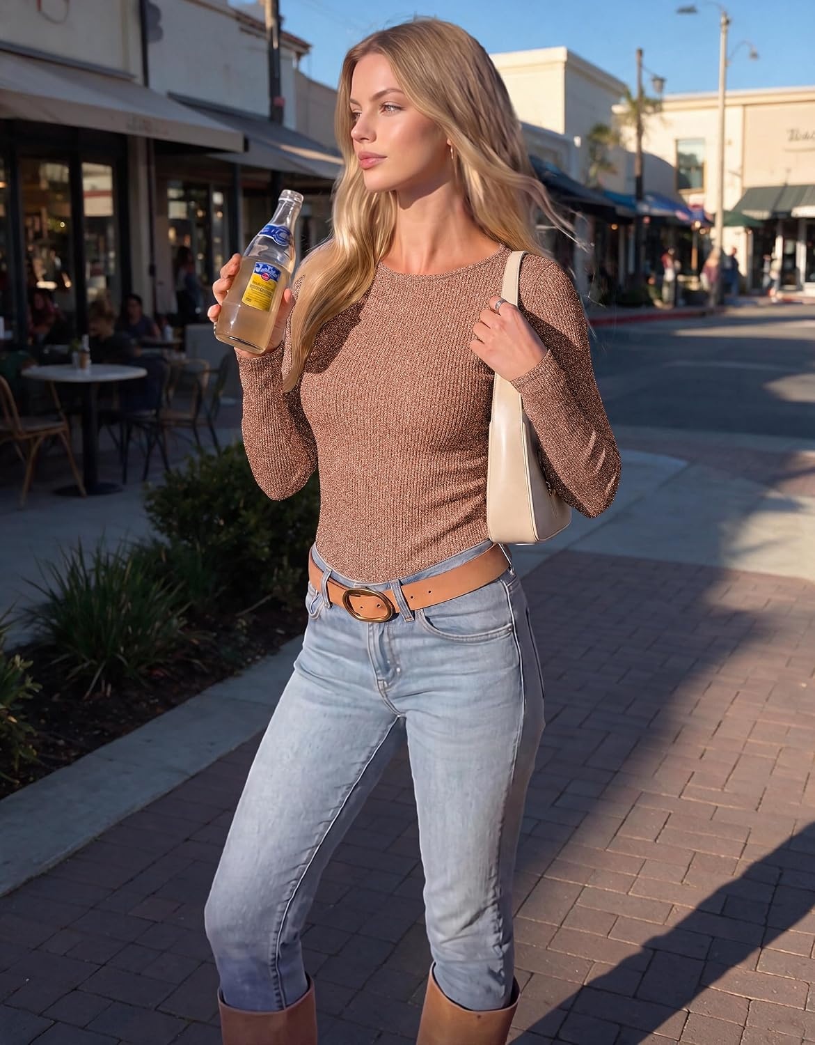 image:imageEkouaer Womens Long Sleeve Shirts Ribbed Tops Basic Thermal UndershirtsCaramel
