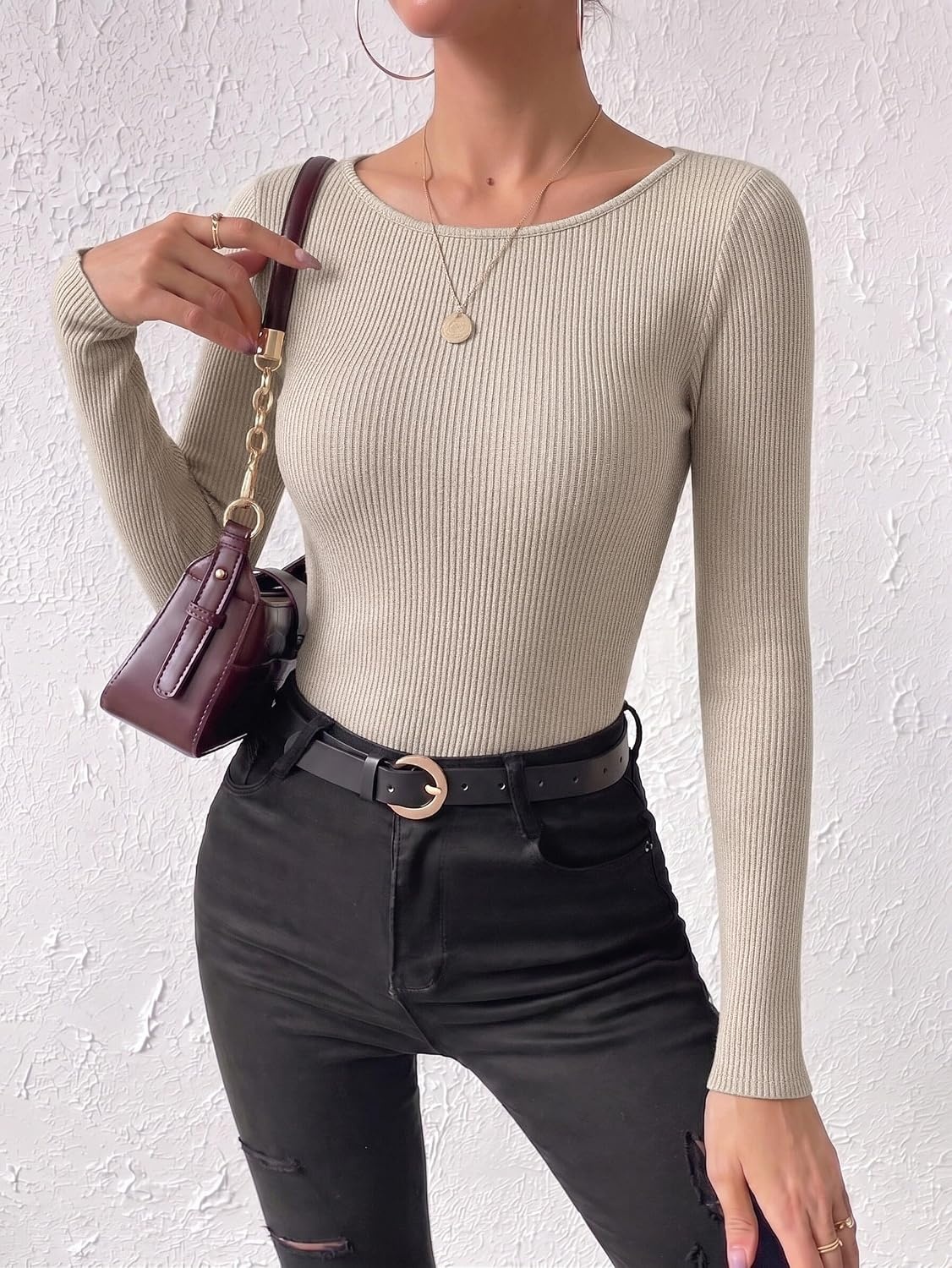 image:imageEkouaer Womens Long Sleeve Shirts Ribbed Tops Basic Thermal UndershirtsKhaki