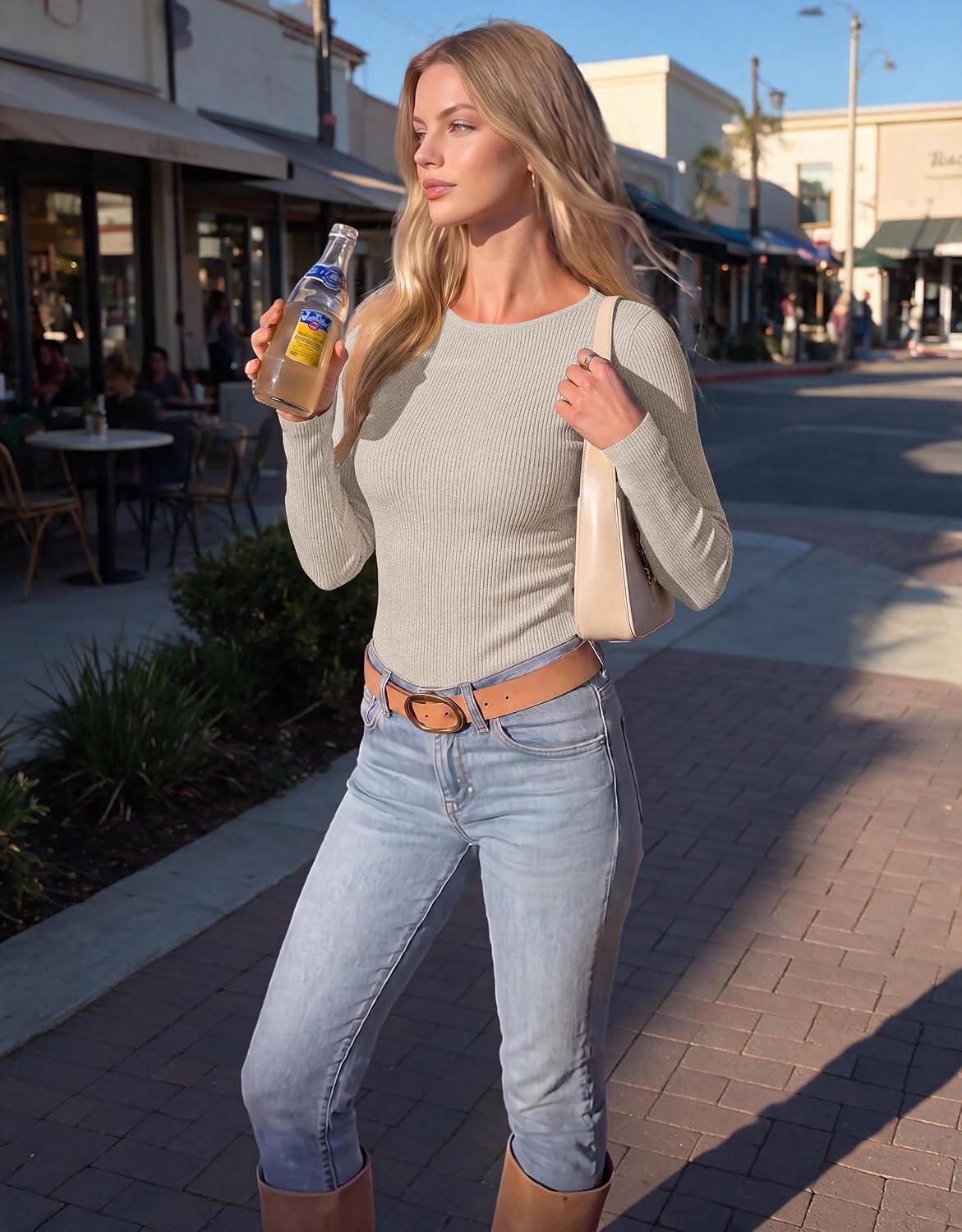 image:imageEkouaer Womens Long Sleeve Shirts Ribbed Tops Basic Thermal UndershirtsKhaki
