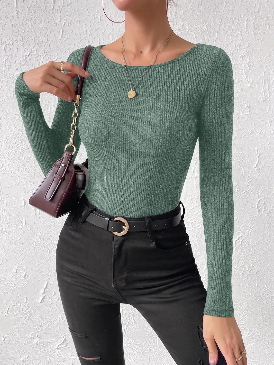 image:imageEkouaer Womens Long Sleeve Shirts Ribbed Tops Basic Thermal UndershirtsLake Green