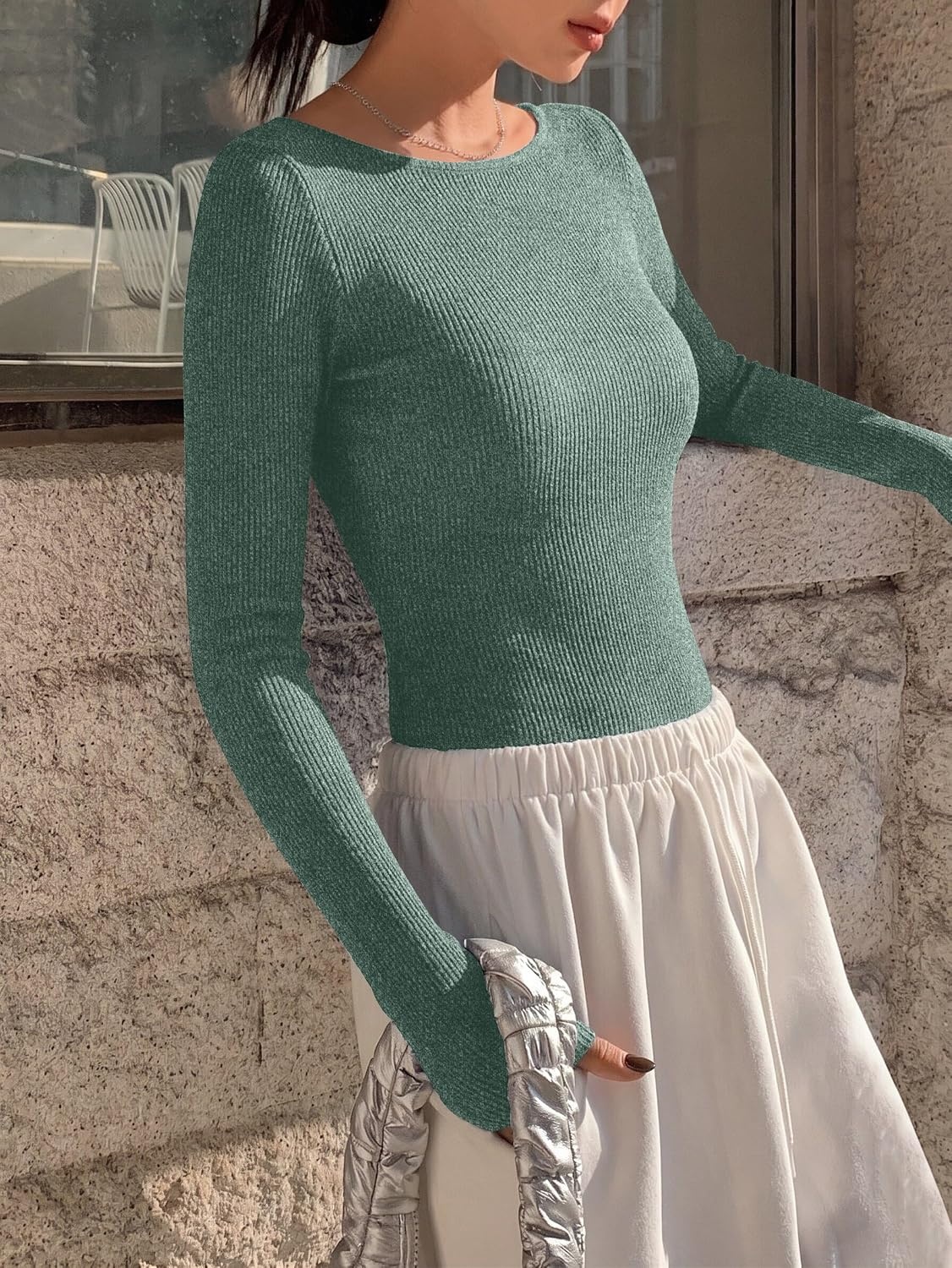 image:imageEkouaer Womens Long Sleeve Shirts Ribbed Tops Basic Thermal UndershirtsLake Green