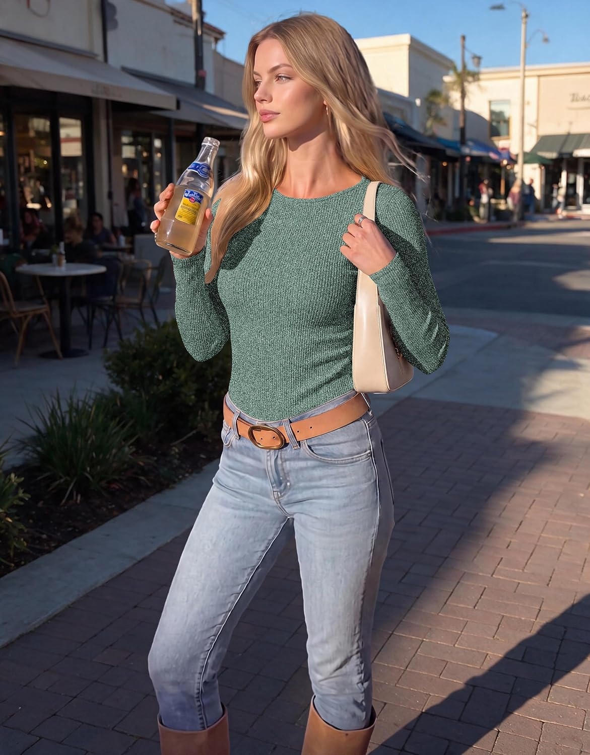 image:imageEkouaer Womens Long Sleeve Shirts Ribbed Tops Basic Thermal UndershirtsLake Green