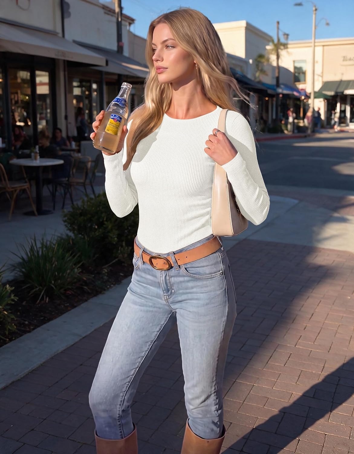 image:imageEkouaer Womens Long Sleeve Shirts Ribbed Tops Basic Thermal UndershirtsWhite