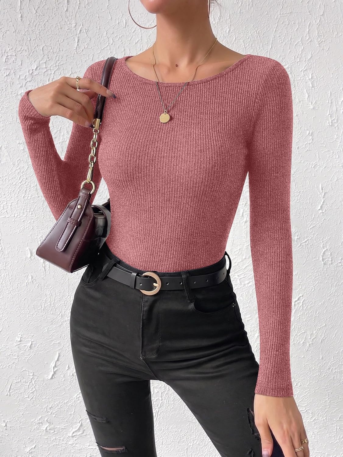 image:imageEkouaer Womens Long Sleeve Shirts Ribbed Tops Basic Thermal UndershirtsWine Red