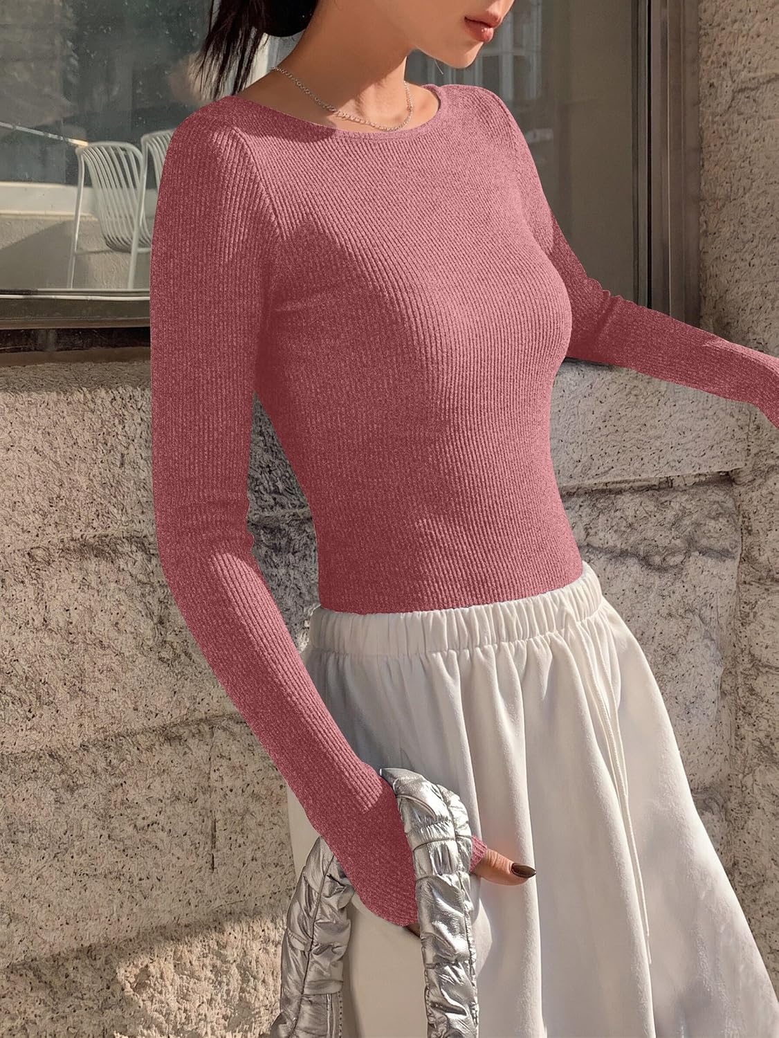 image:imageEkouaer Womens Long Sleeve Shirts Ribbed Tops Basic Thermal UndershirtsWine Red