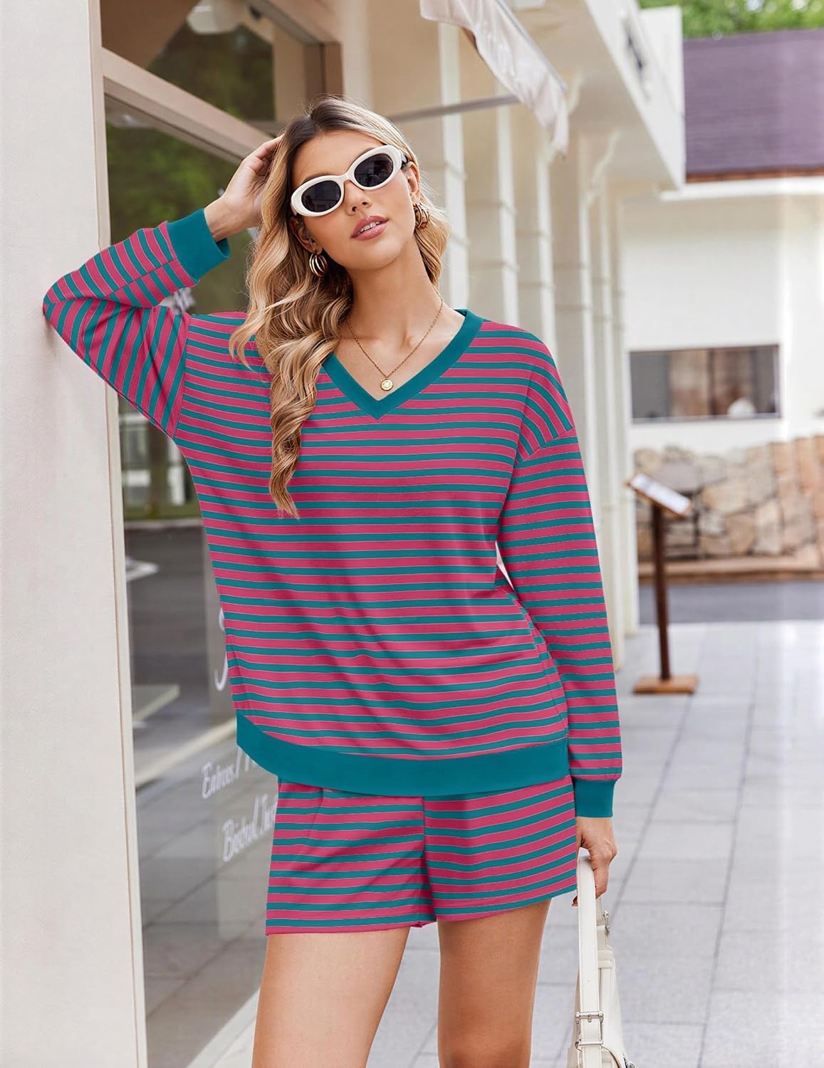 image:imageEkouaer Womens Lounge Sets 2 Piece Long Sleeve Casual Striped Matching SetBlue Pink Stripe