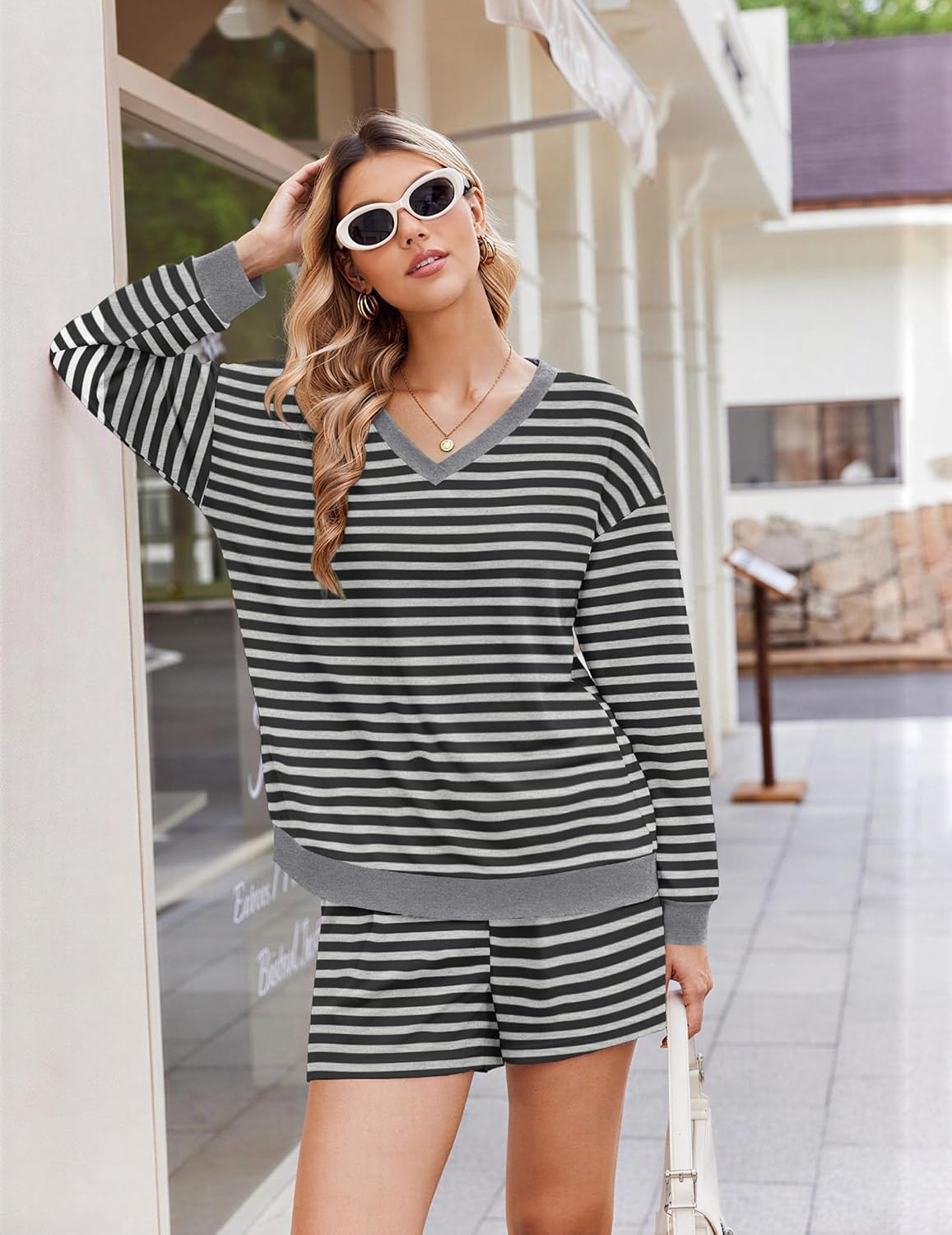 image:imageEkouaer Womens Lounge Sets 2 Piece Long Sleeve Casual Striped Matching SetGray Black Stripe