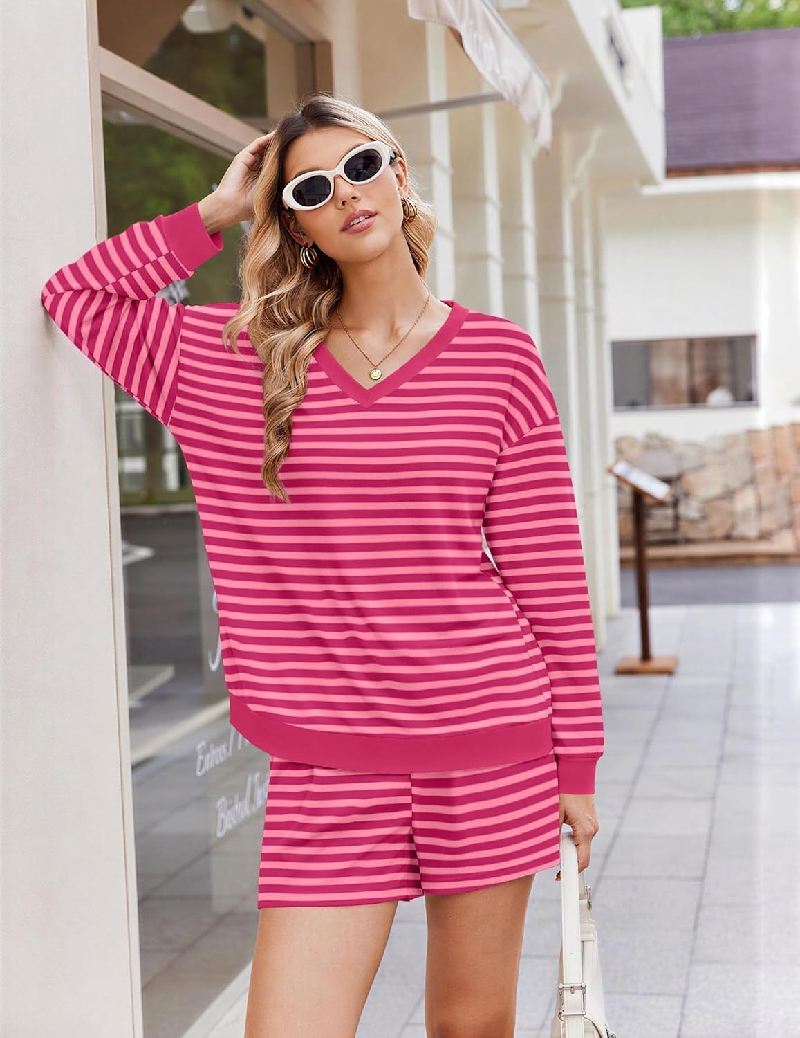 image:imageEkouaer Womens Lounge Sets 2 Piece Long Sleeve Casual Striped Matching SetPink Rose Stripe