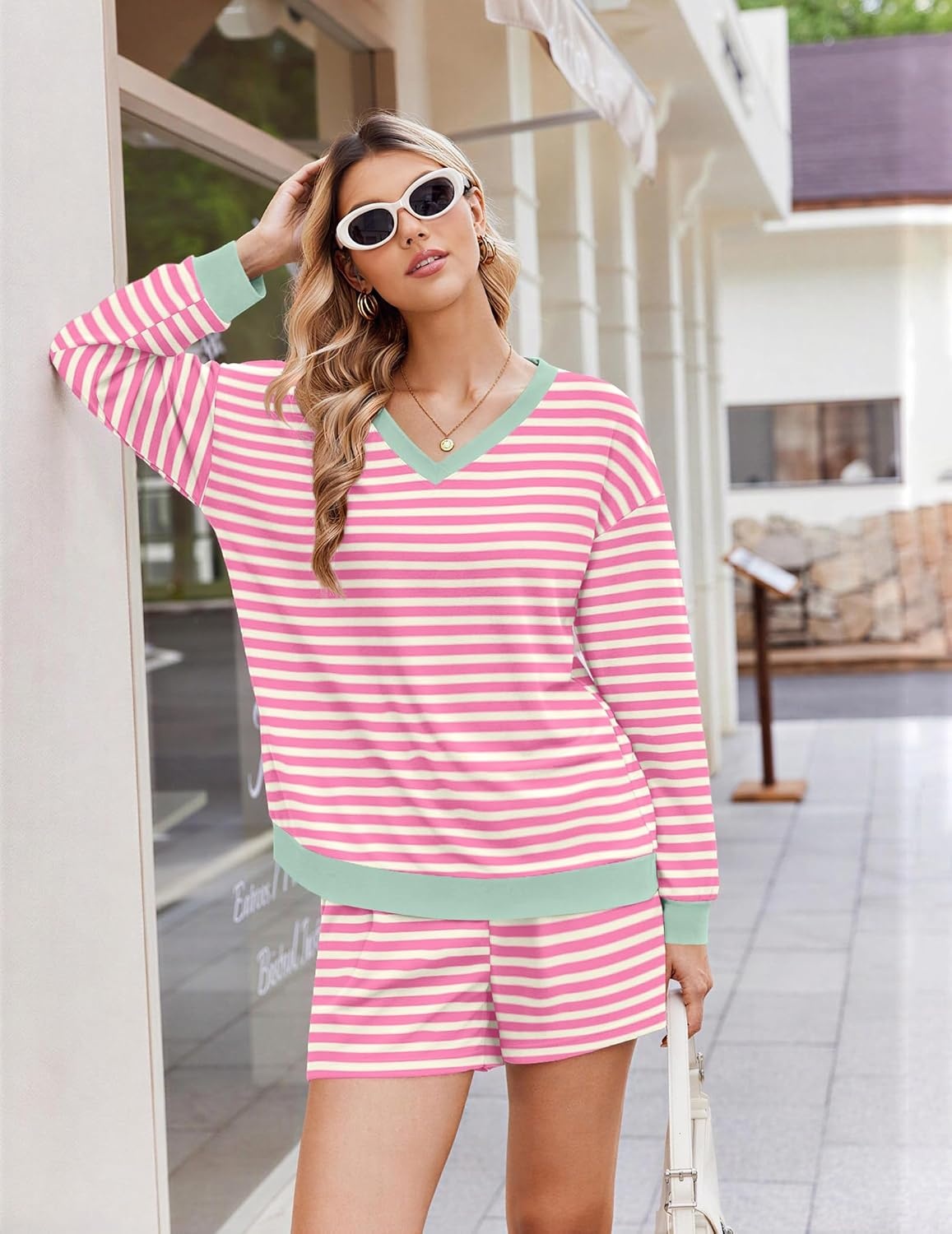 image:imageEkouaer Womens Lounge Sets 2 Piece Long Sleeve Casual Striped Matching SetPink White Stripe