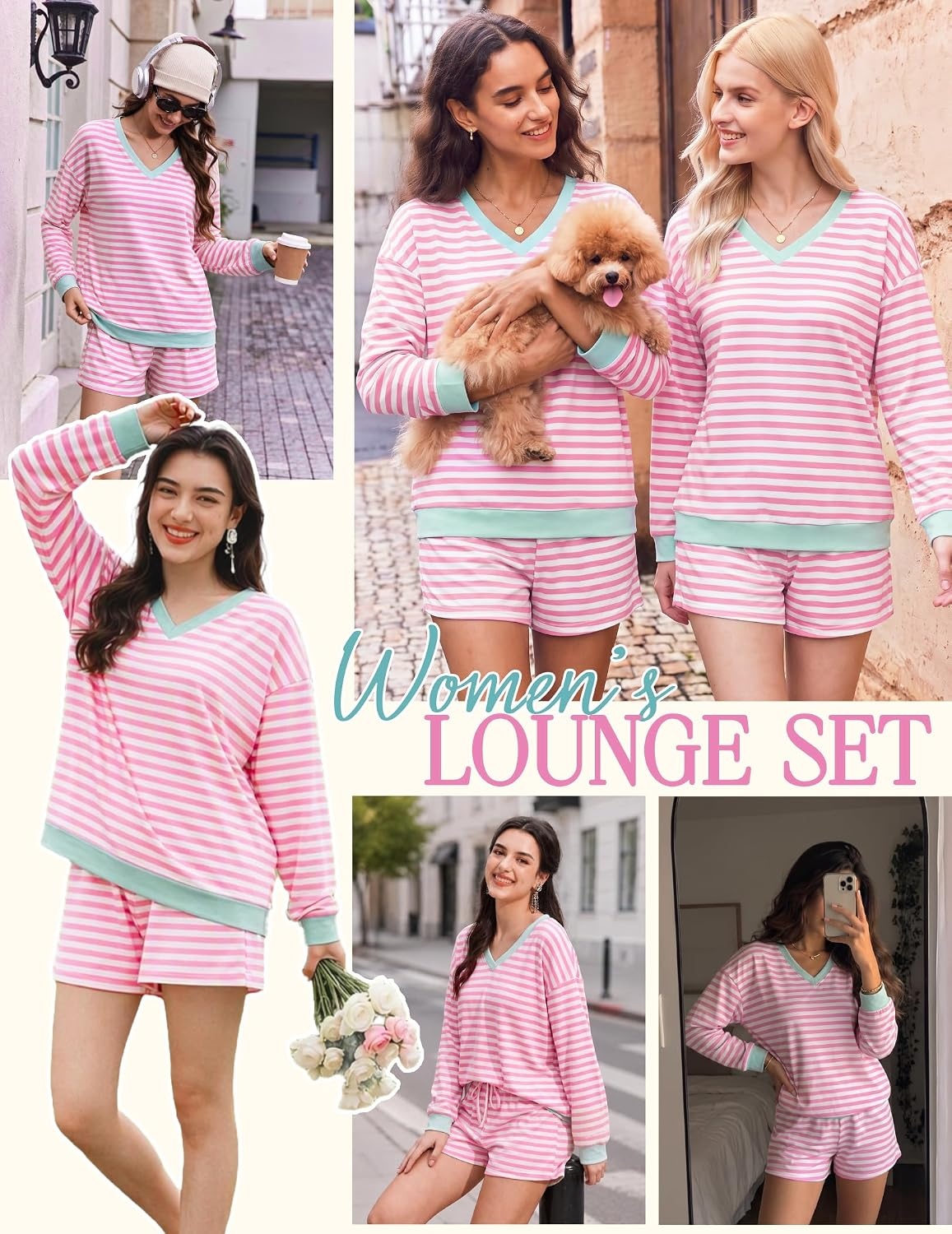 image:imageEkouaer Womens Lounge Sets 2 Piece Long Sleeve Casual Striped Matching SetPink White Stripe