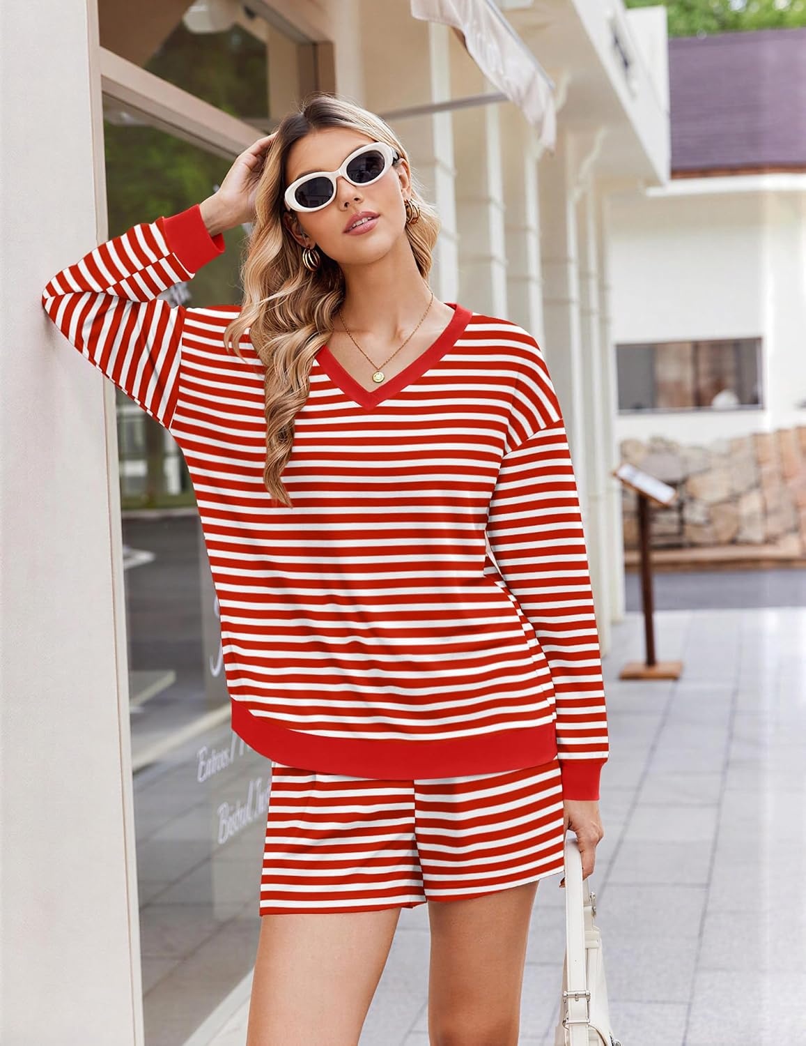 image:imageEkouaer Womens Lounge Sets 2 Piece Long Sleeve Casual Striped Matching SetRed White Stripe