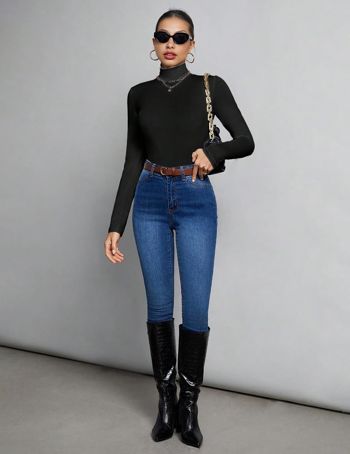 image:imageEkouaer Womens Mock Turtleneck Tops Fitted Long Sleeve ShirtsBlack