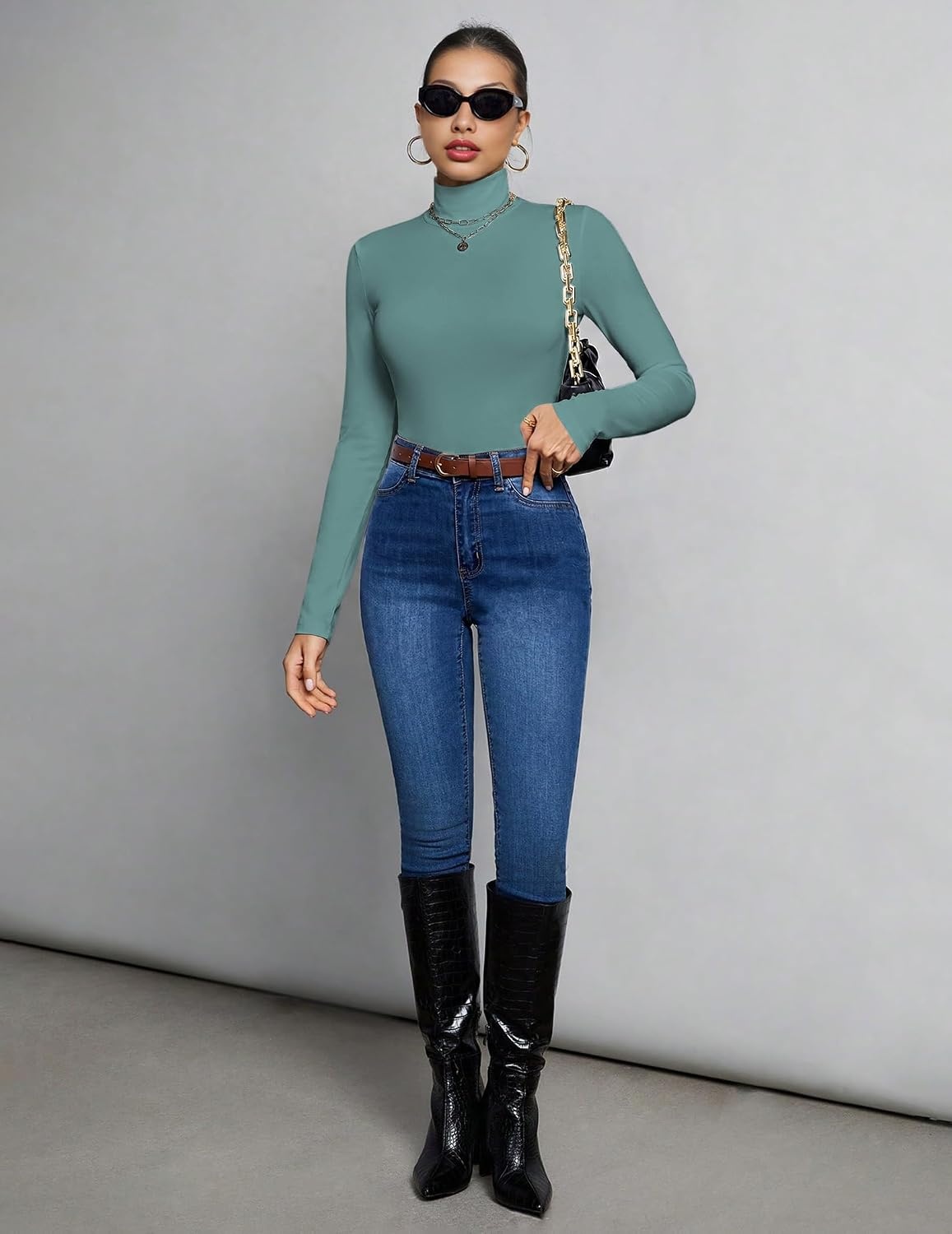 image:imageEkouaer Womens Mock Turtleneck Tops Fitted Long Sleeve ShirtsBlue