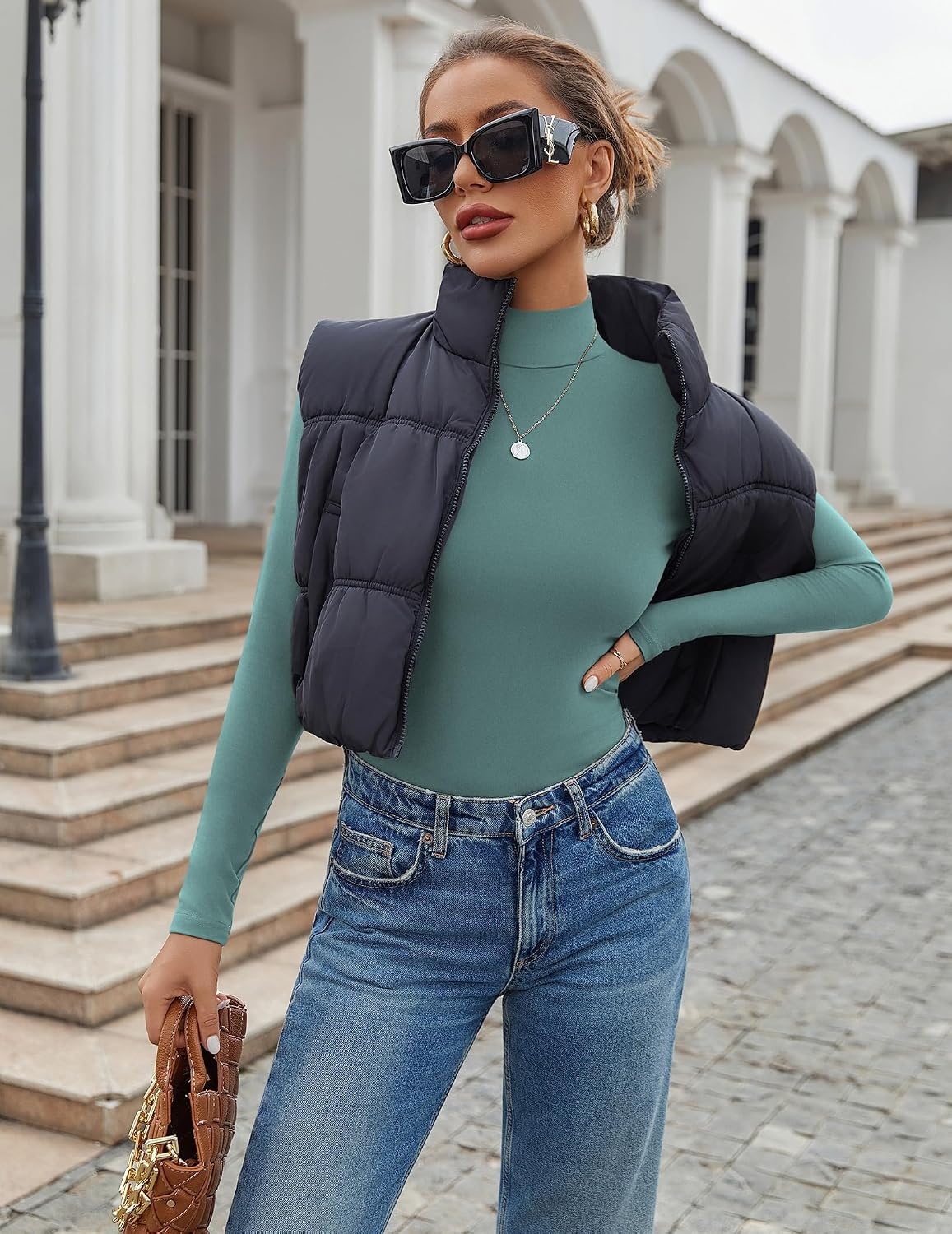 image:imageEkouaer Womens Mock Turtleneck Tops Fitted Long Sleeve ShirtsBlue