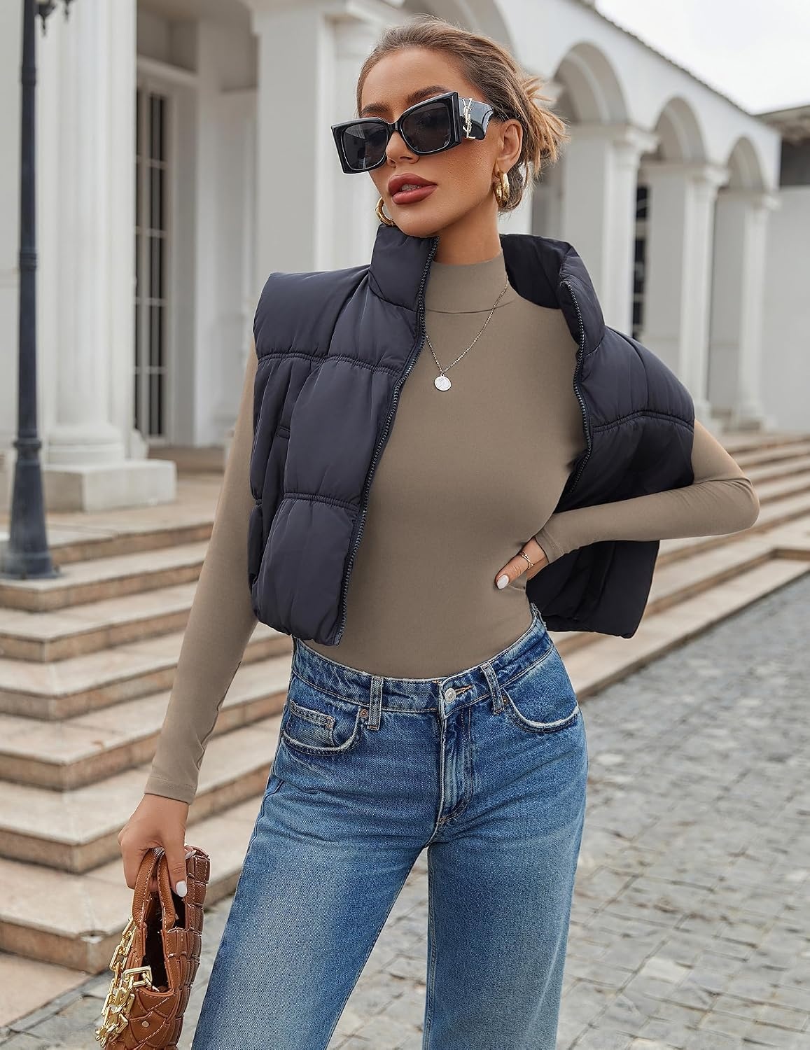 image:imageEkouaer Womens Mock Turtleneck Tops Fitted Long Sleeve ShirtsLight Brown