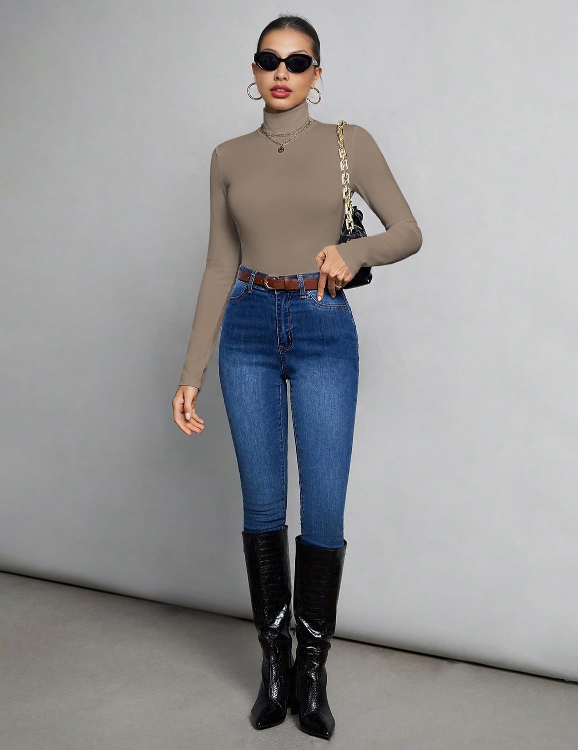 image:imageEkouaer Womens Mock Turtleneck Tops Fitted Long Sleeve ShirtsLight Brown
