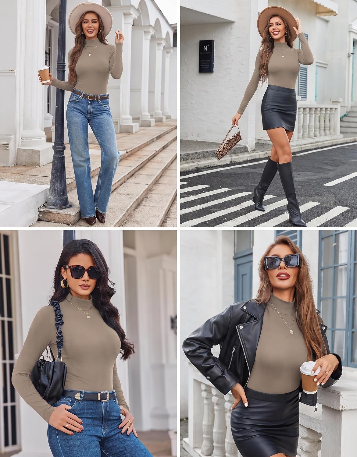 image:imageEkouaer Womens Mock Turtleneck Tops Fitted Long Sleeve ShirtsLight Brown