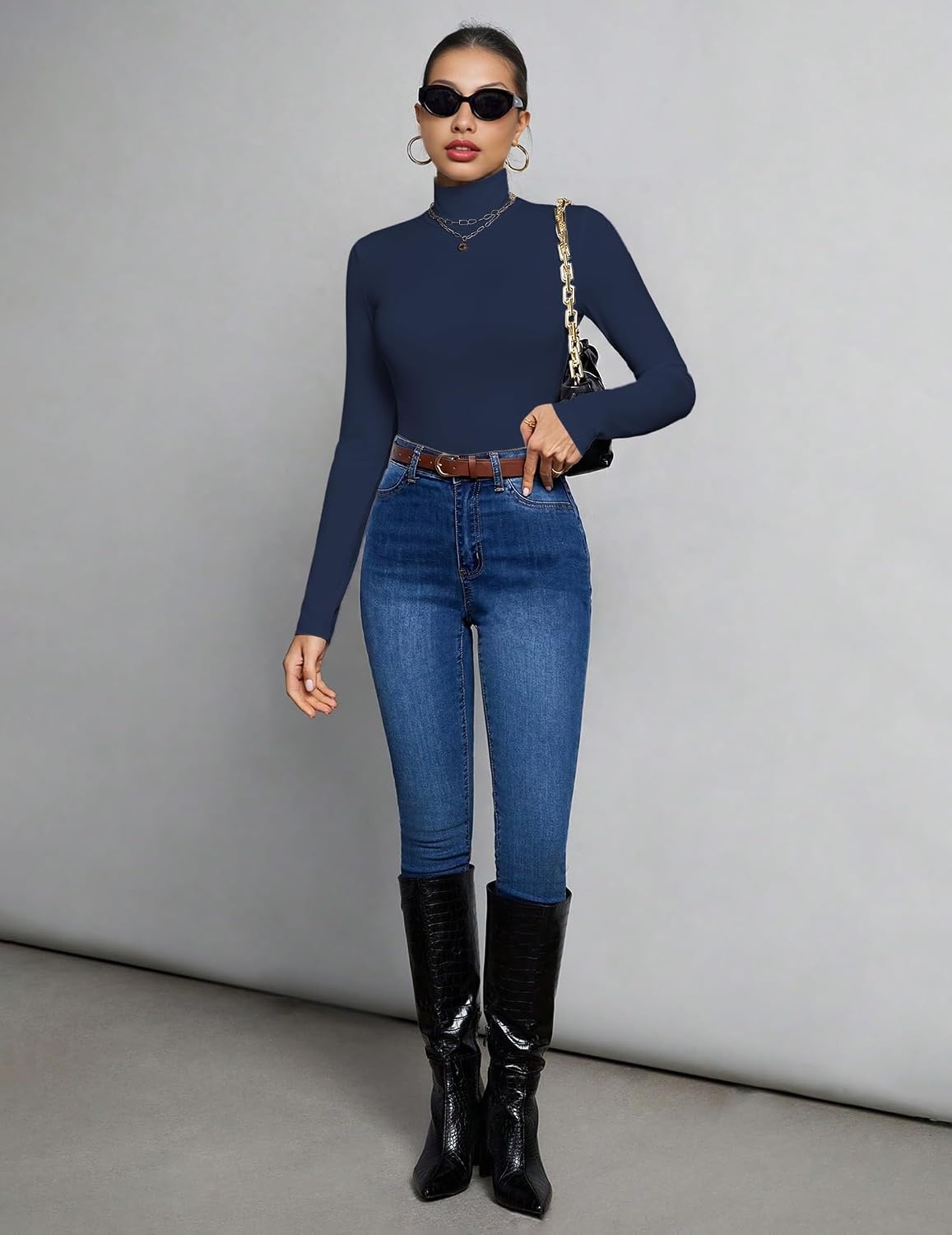 image:imageEkouaer Womens Mock Turtleneck Tops Fitted Long Sleeve ShirtsNavy