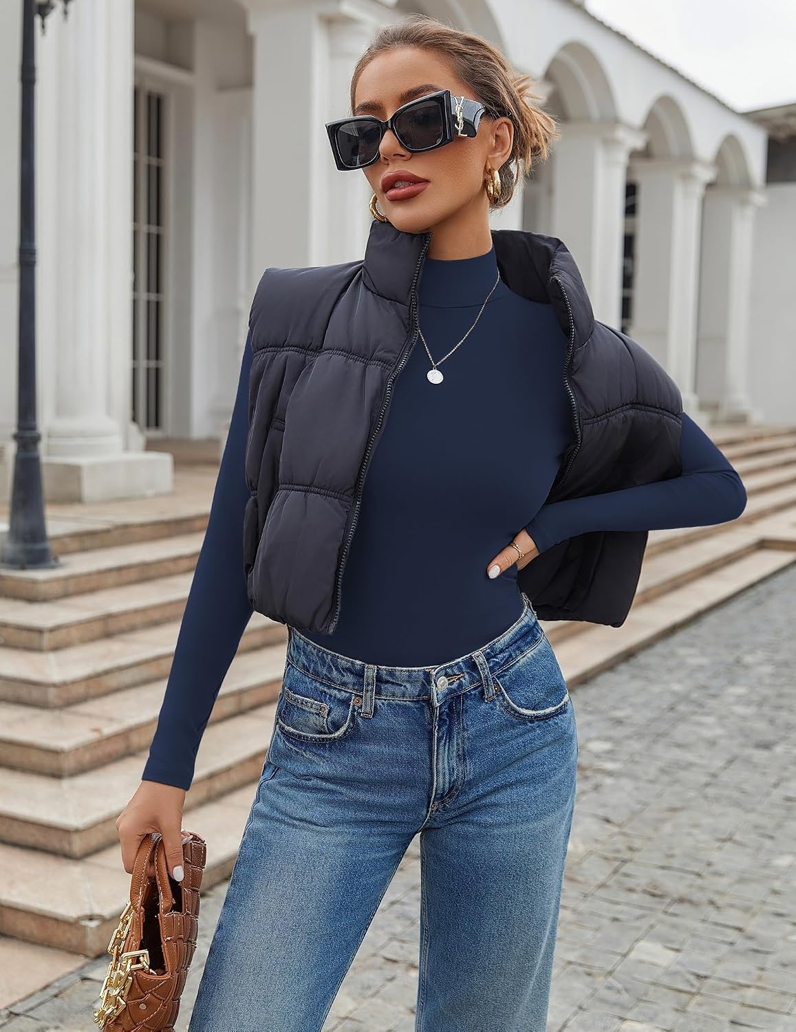 image:imageEkouaer Womens Mock Turtleneck Tops Fitted Long Sleeve ShirtsNavy