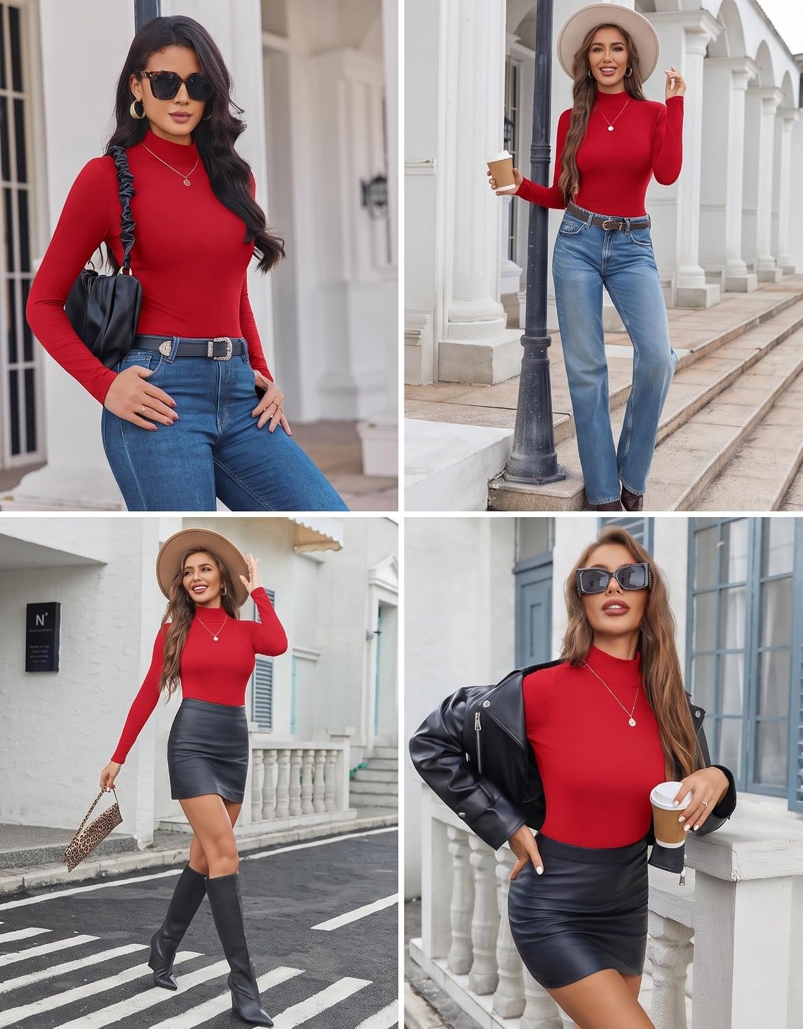 image:imageEkouaer Womens Mock Turtleneck Tops Fitted Long Sleeve ShirtsRed